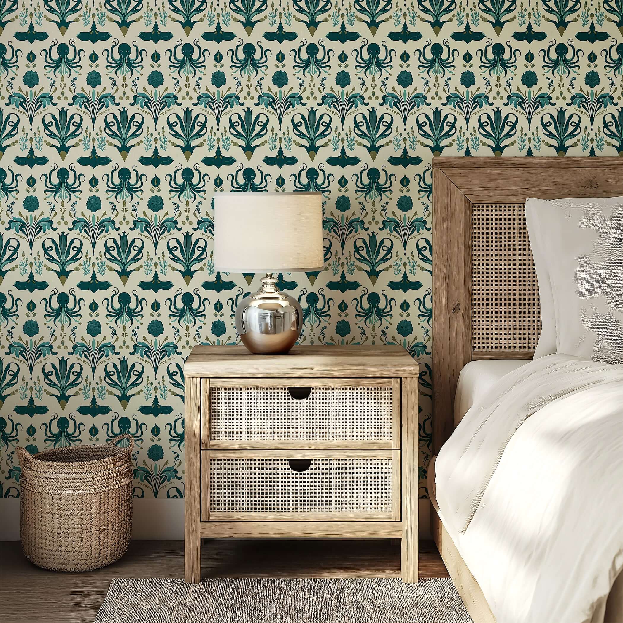 Mystic Ocean Damask wallpaper in a bedroom, featuring marine patterns with octopus, sting rays, and coastal charm in green and teal.