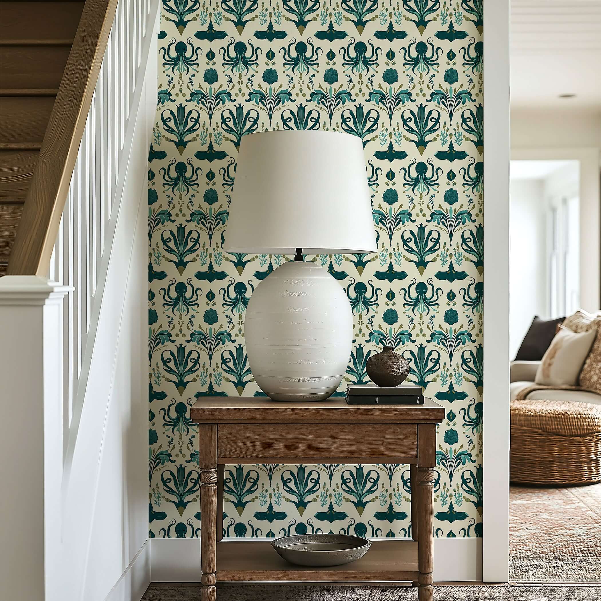 Mystic Ocean Damask wallpaper featuring squid, sting rays, and octopus in green and teal, perfect for coastal-themed spaces.