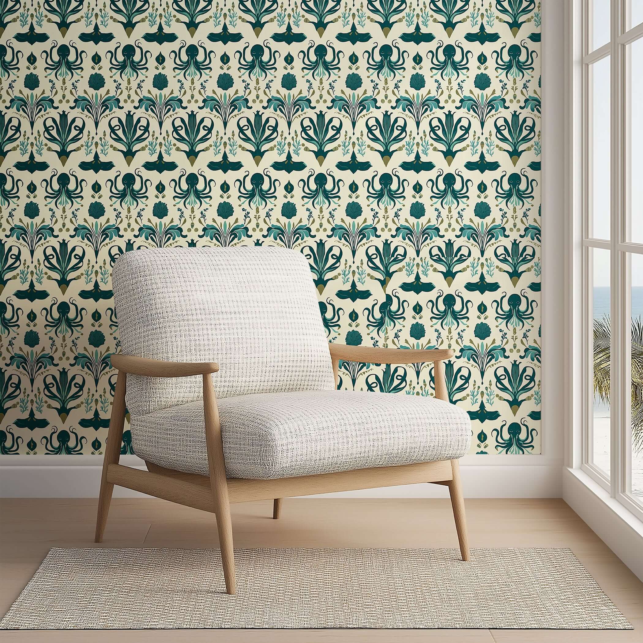 Coastal charm in Mystic Ocean Damask wallpaper featuring octopus and marine designs in green and teal, perfect for beach houses.