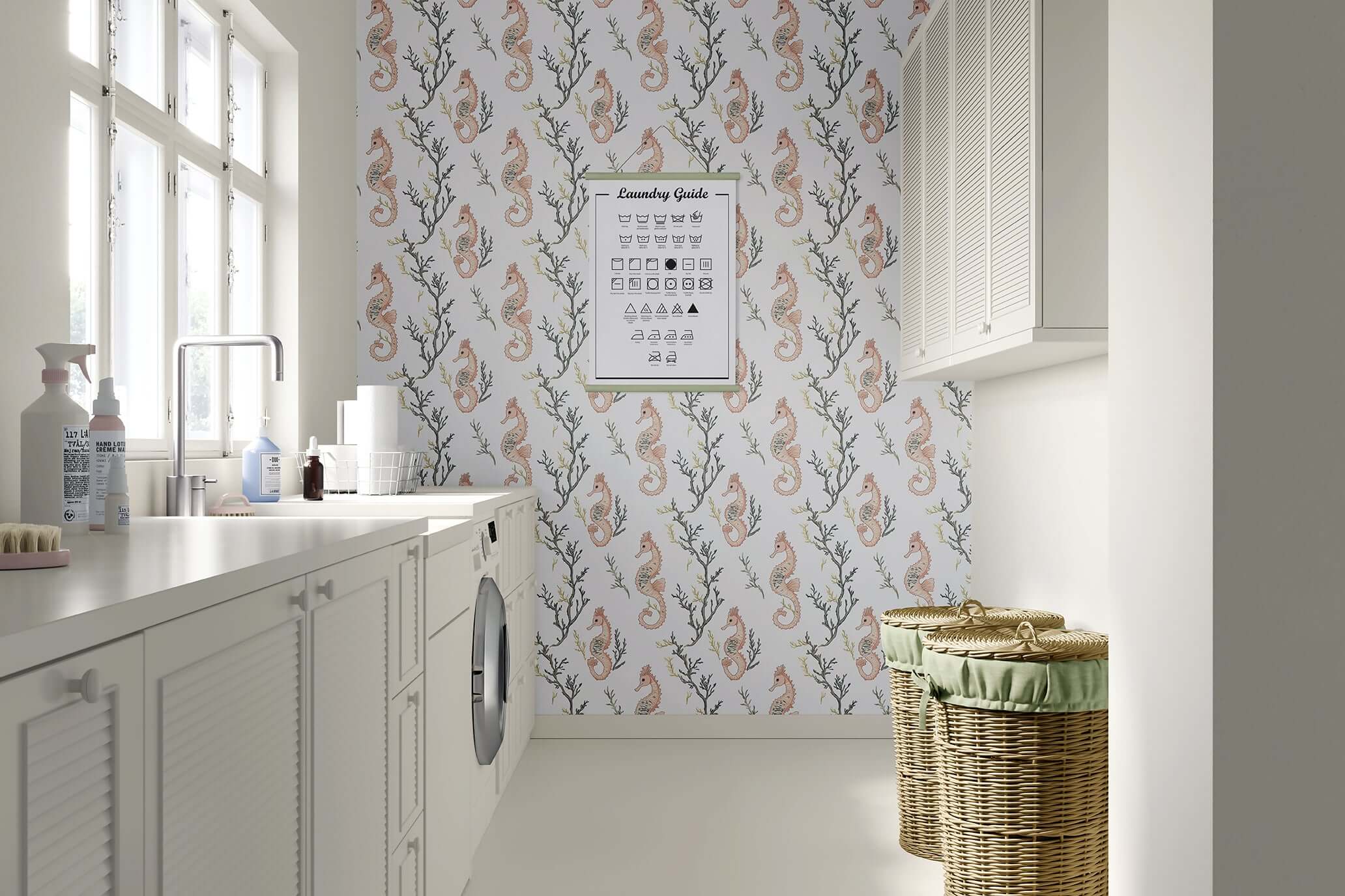 Laundry room featuring Seahorse Serenity wallpaper with coral and peach seahorses, creating a coastal marine atmosphere.