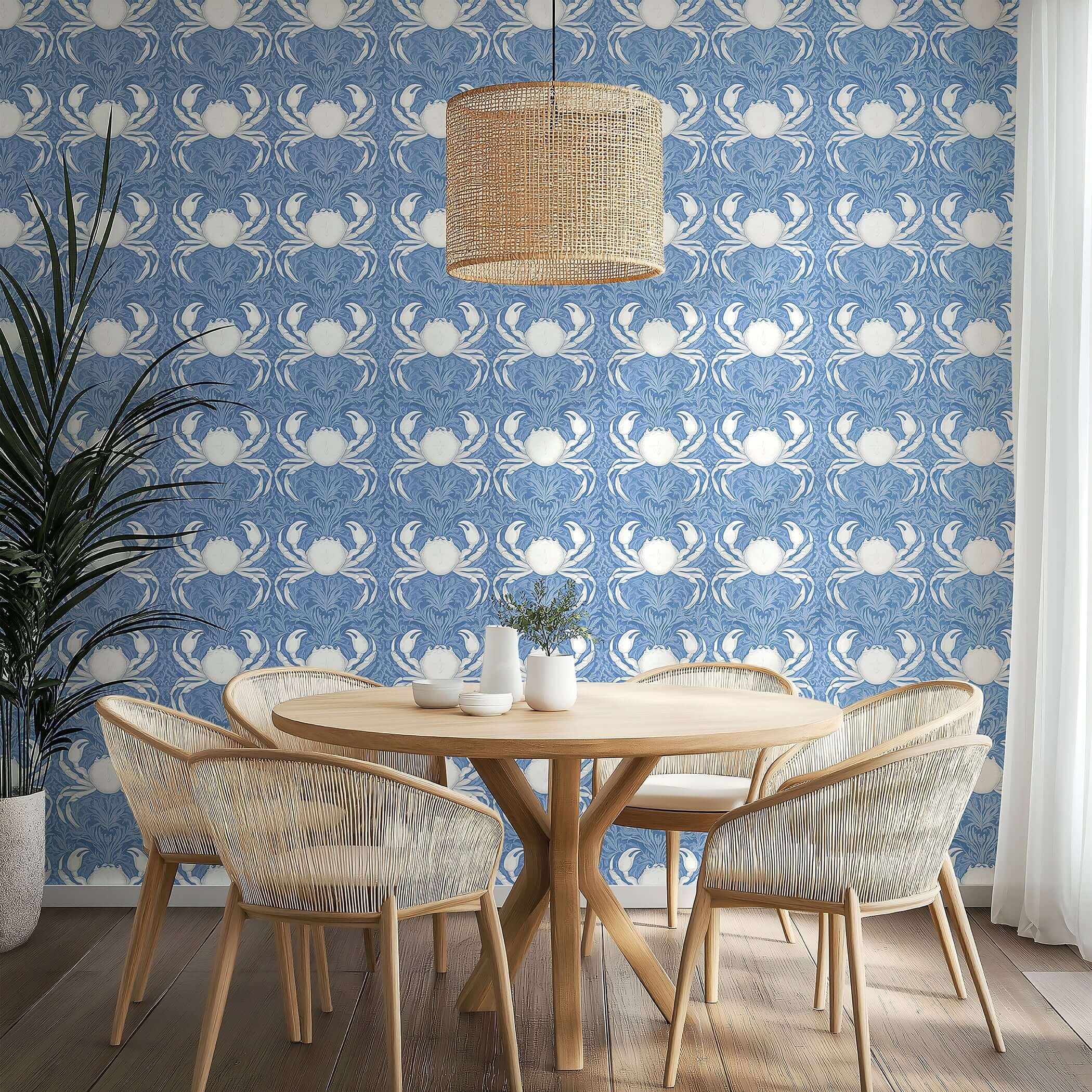"Coastal Aristocrat" wallpaper with white crabs and sea foliage, soft blue backdrop; ideal nautical damask design for beach-inspired spaces.