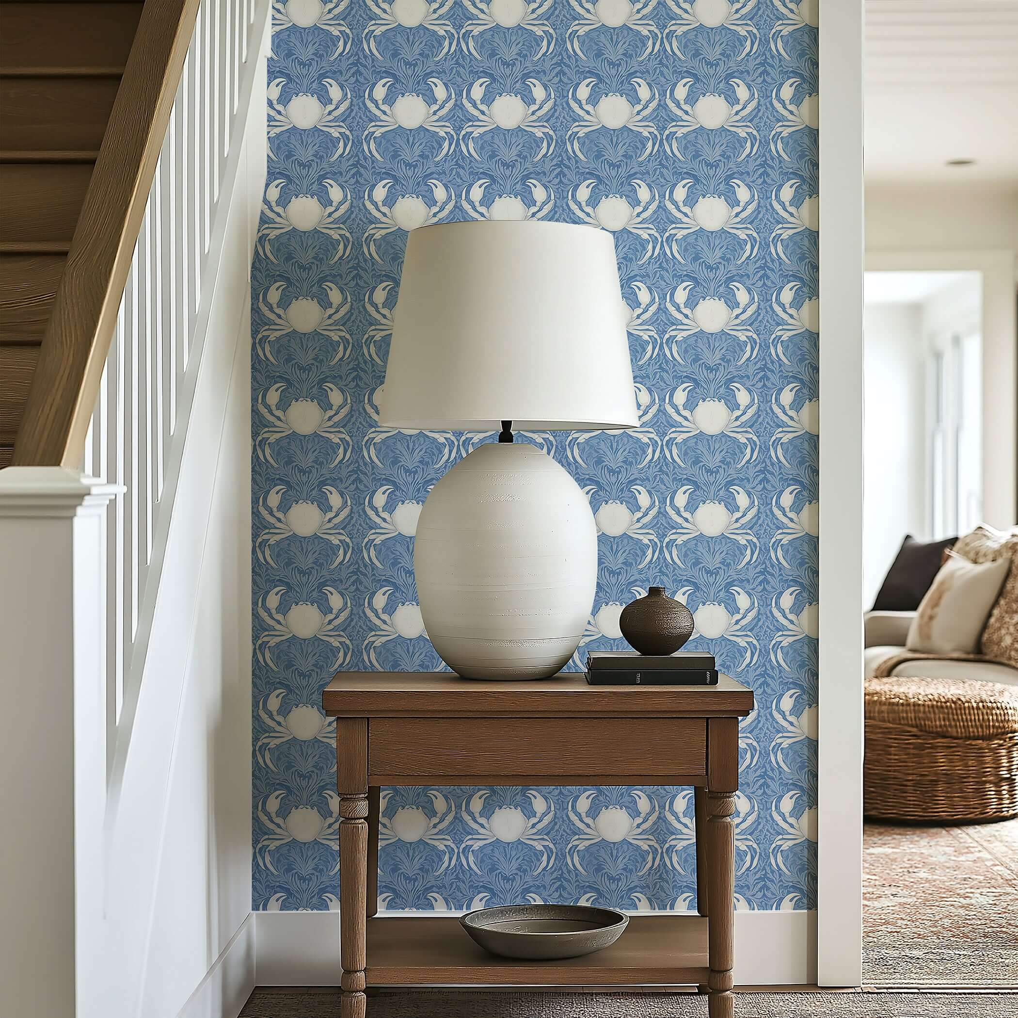 Coastal Aristocrat wallpaper with damask crab motifs on blue, enhancing maritime and coastal decor.
