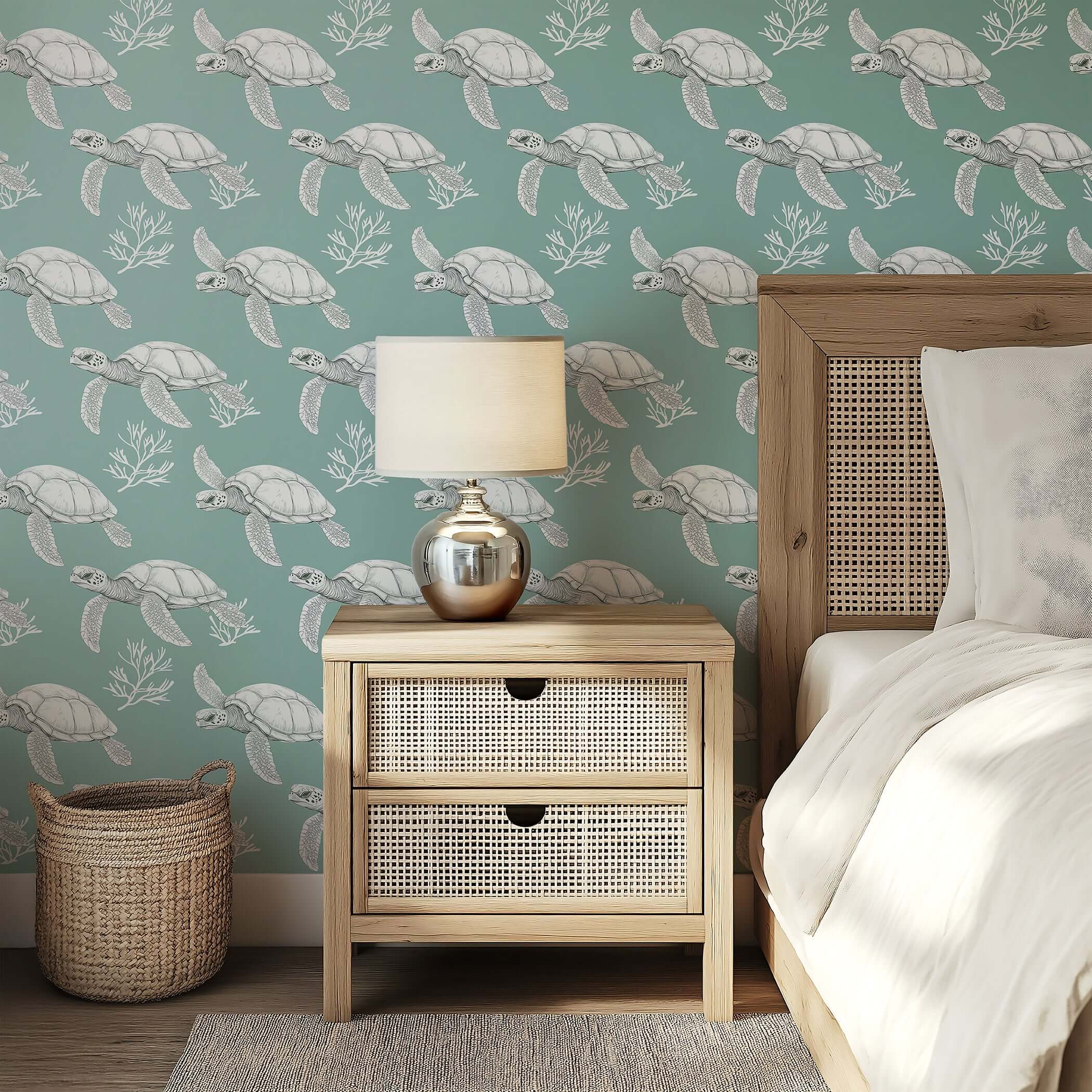 Graceful turtle wallpaper with coral on sage green background for coastal decor; ideal for bathrooms, nurseries, and beach houses.