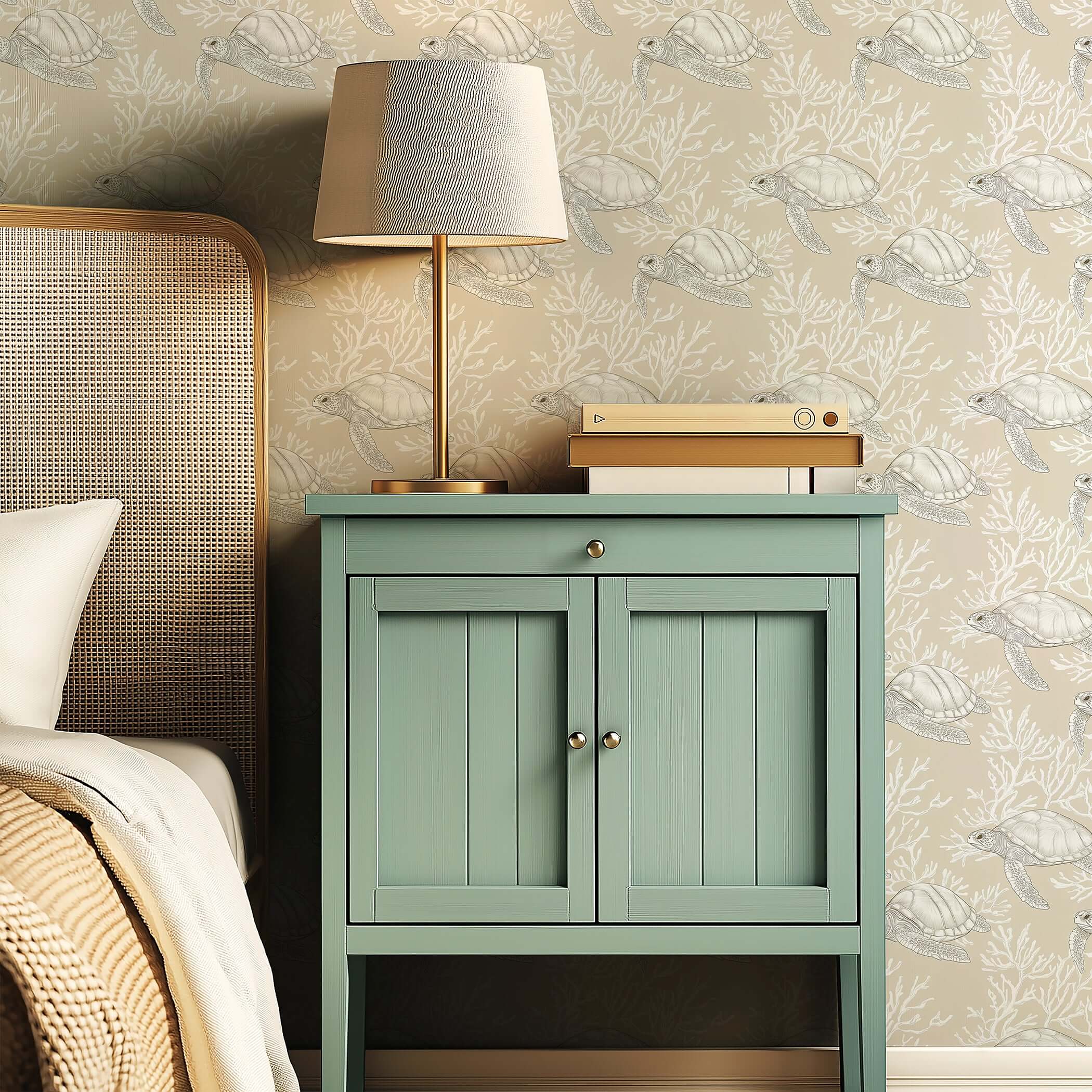 Coastal wallpaper with sea turtles and coral on a sand backdrop behind a green cabinet and lamp in a bedroom setting.