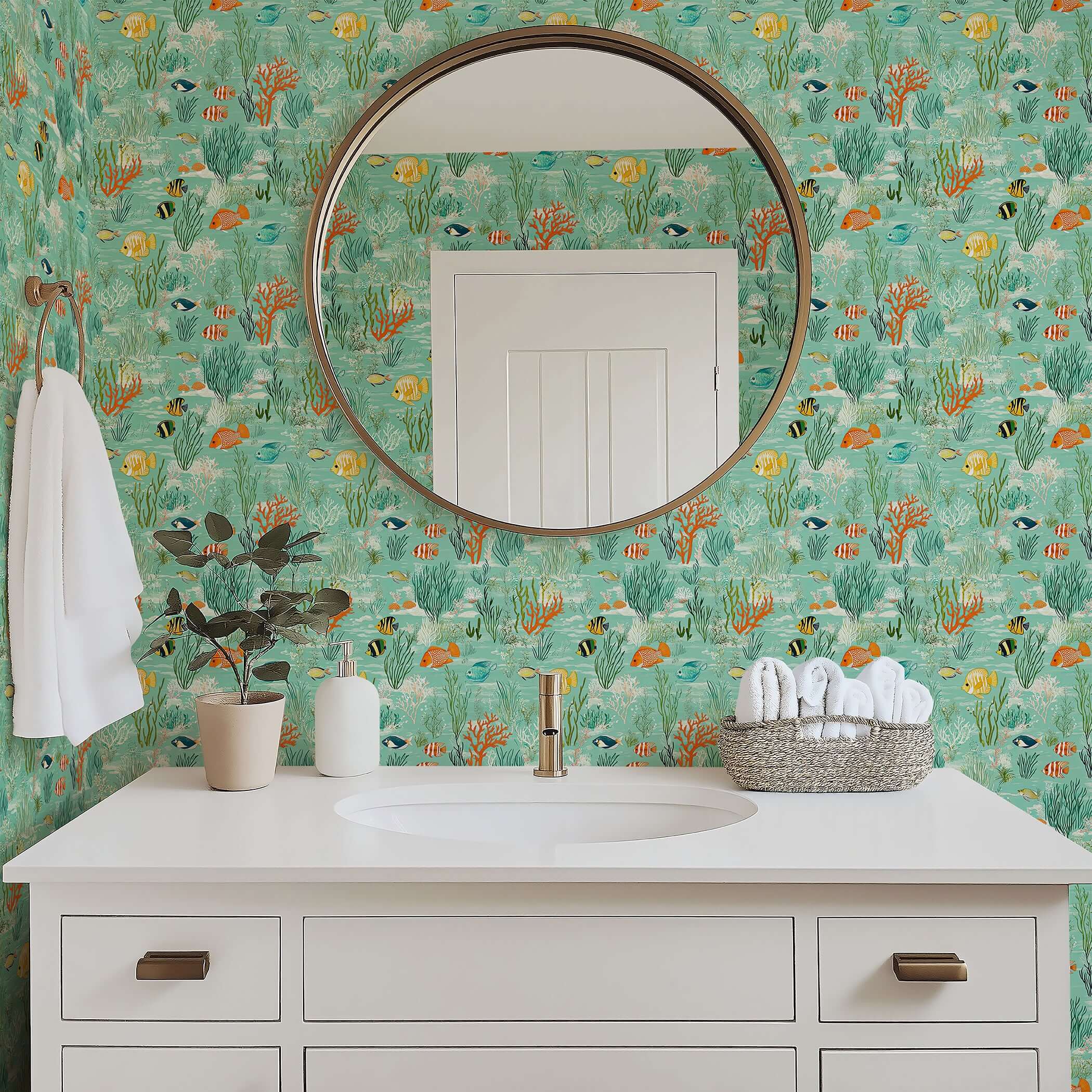Serene Fish Garden wallpaper with ocean themes, featuring fish, coral, and seaweed in a coastal bathroom setting.