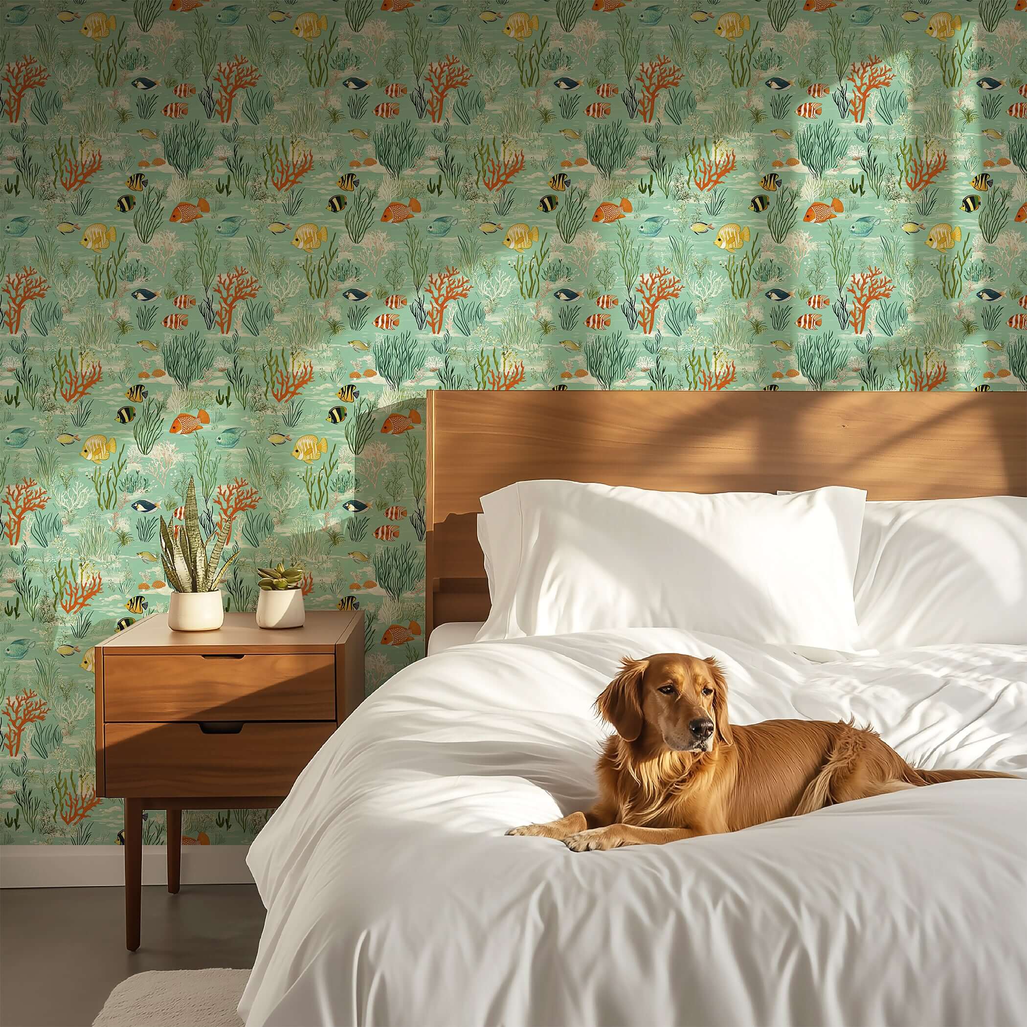 Coastal wallpaper featuring ocean fish, coral, and seaweed with a dog resting on a bed; ideal for tranquility and aesthetic charm.