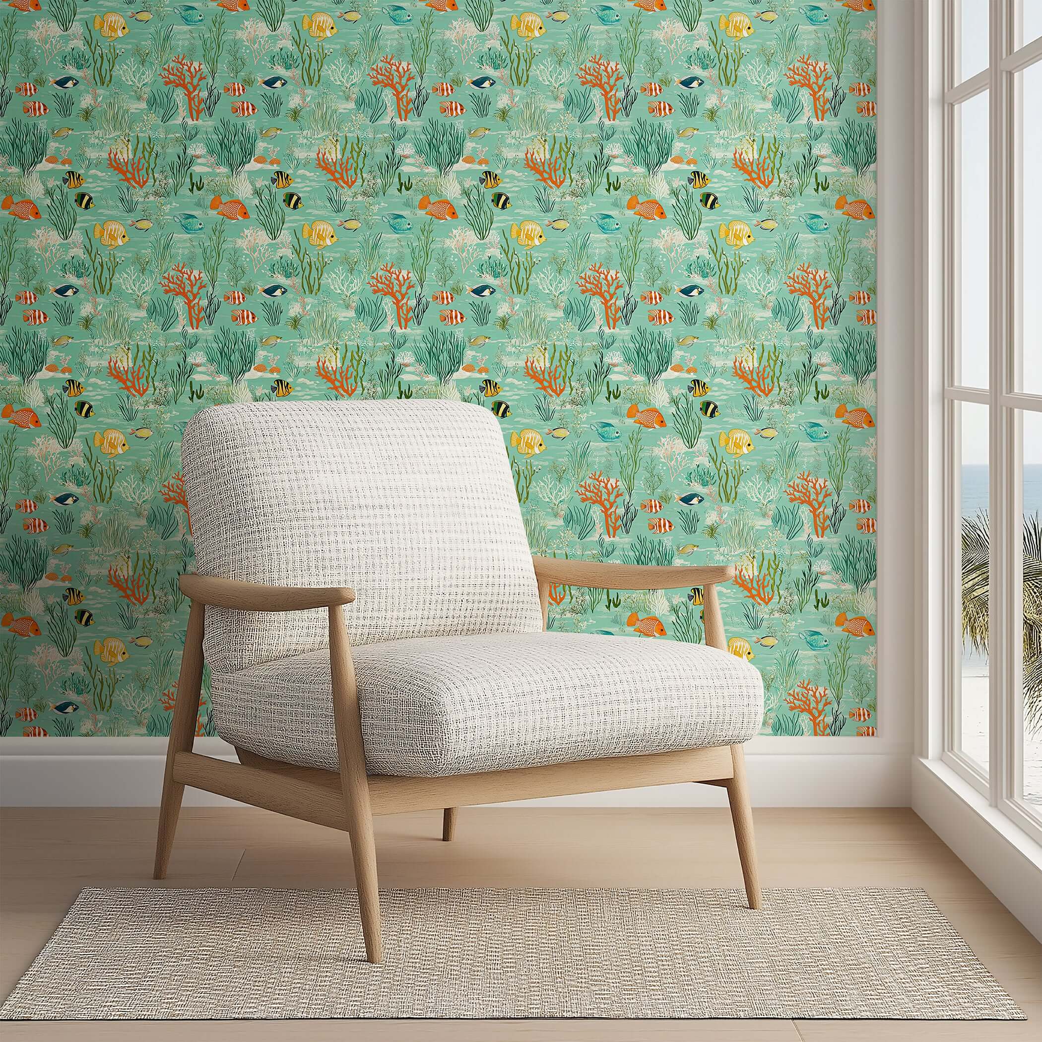 Serene Fish Garden wallpaper featuring vibrant ocean fish, coral, and seaweed on a seafoam green background, ideal for coastal decor.
