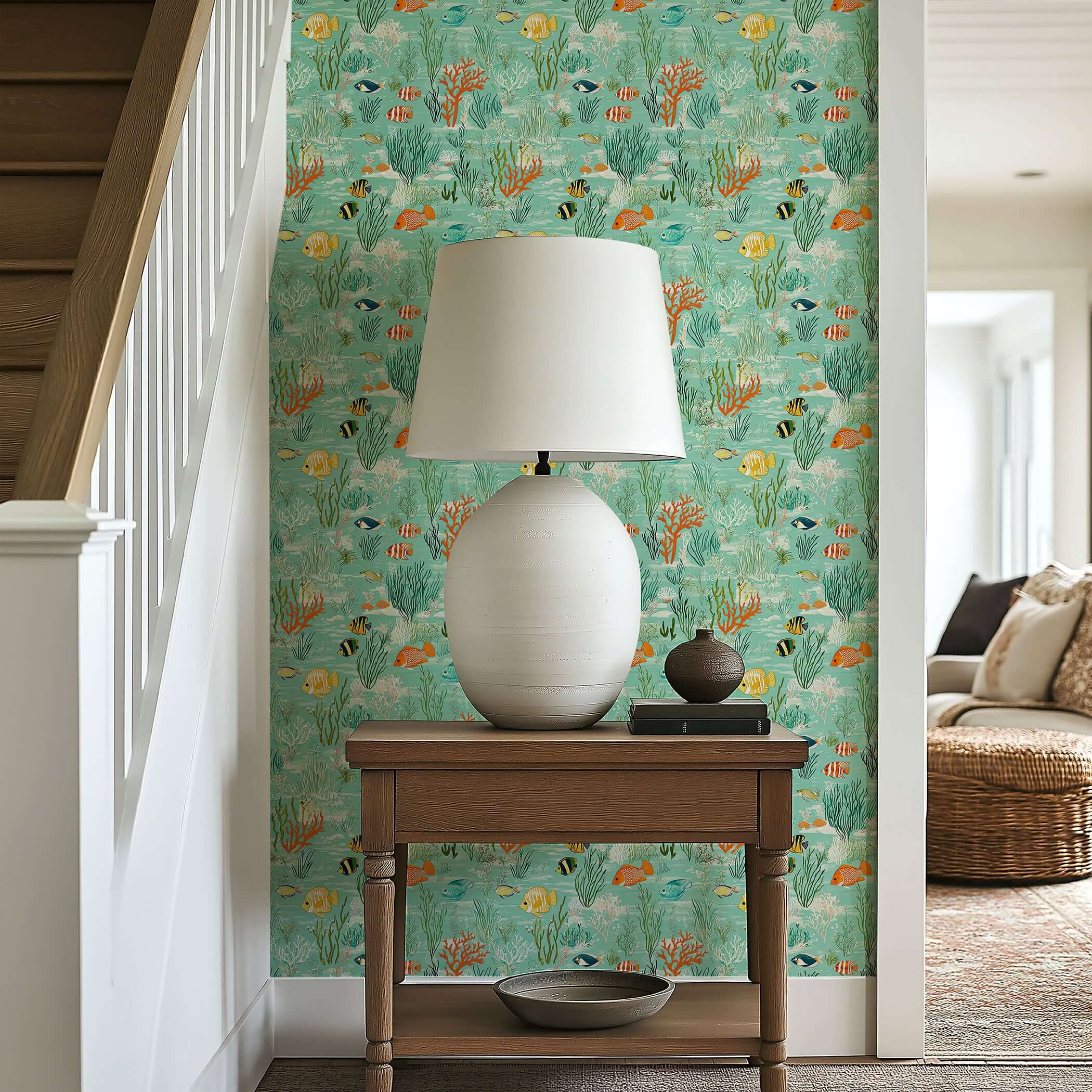 Serene Fish Garden Wallpaper with colorful ocean fish, coral, and seaweed on a coastal-themed wall behind a lamp and table.