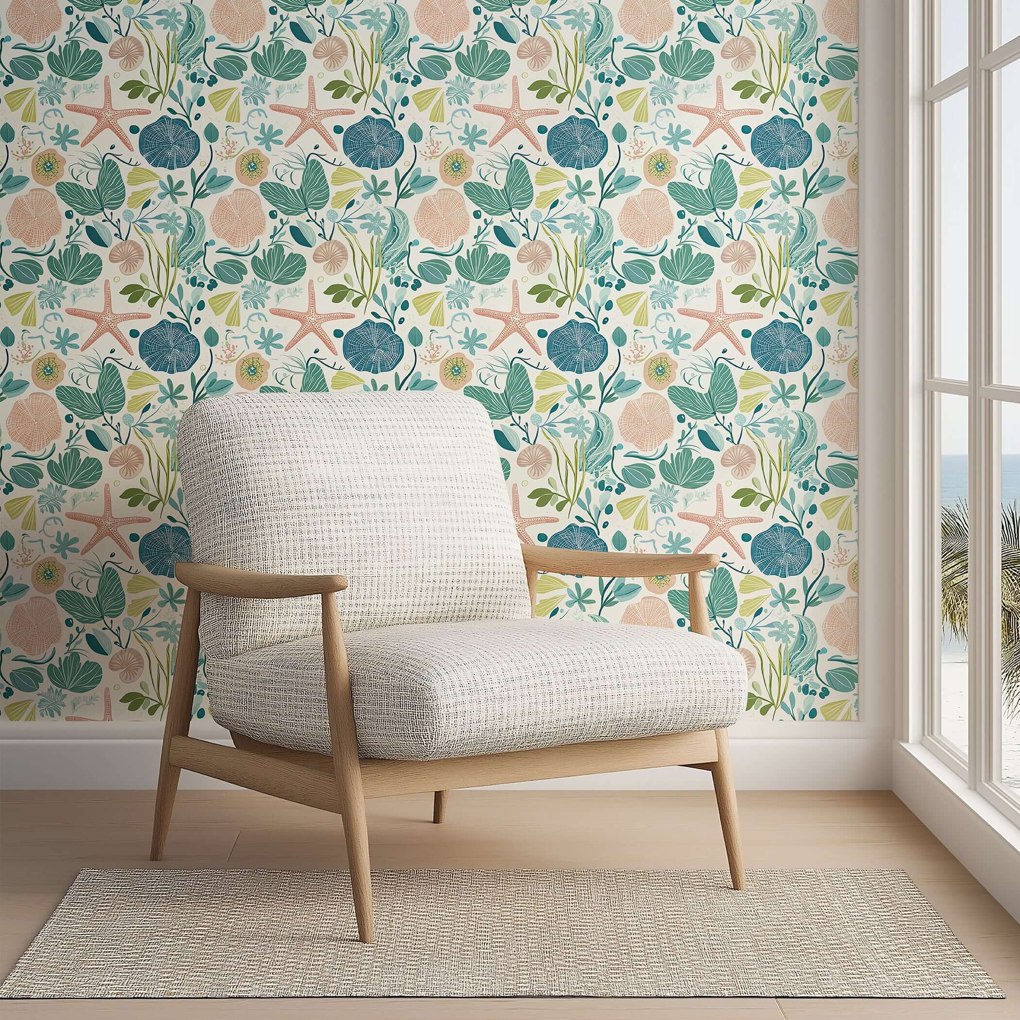 Serene Tidepool Treasures coastal wallpaper with coral, seaweed, and fish pattern, creating a tranquil ocean-inspired room ambiance.