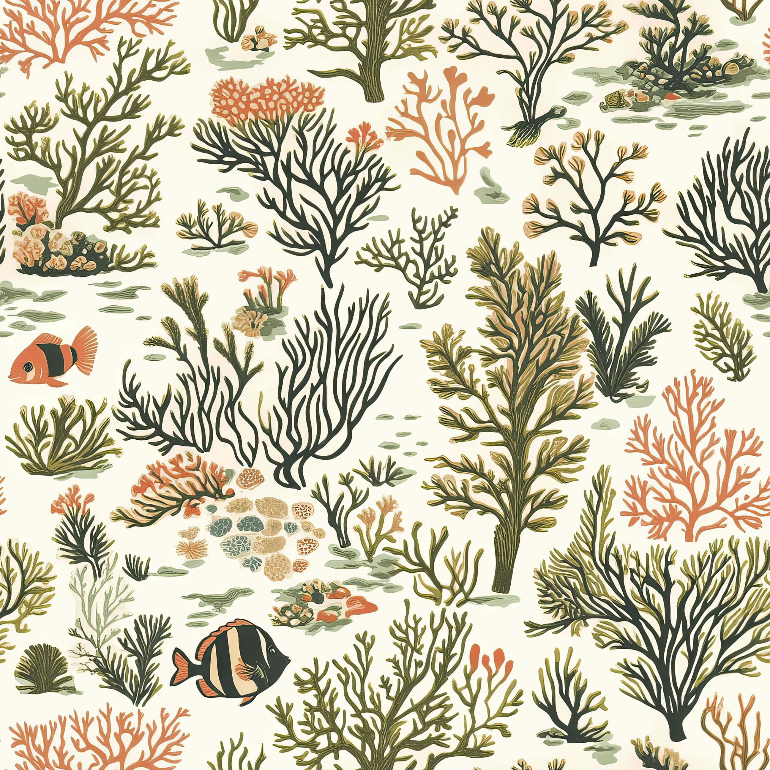 Reef Radiance wallpaper with hand-drawn coral, seaweed, and fish in creamy tones, perfect for creating a coastal ocean ambiance.