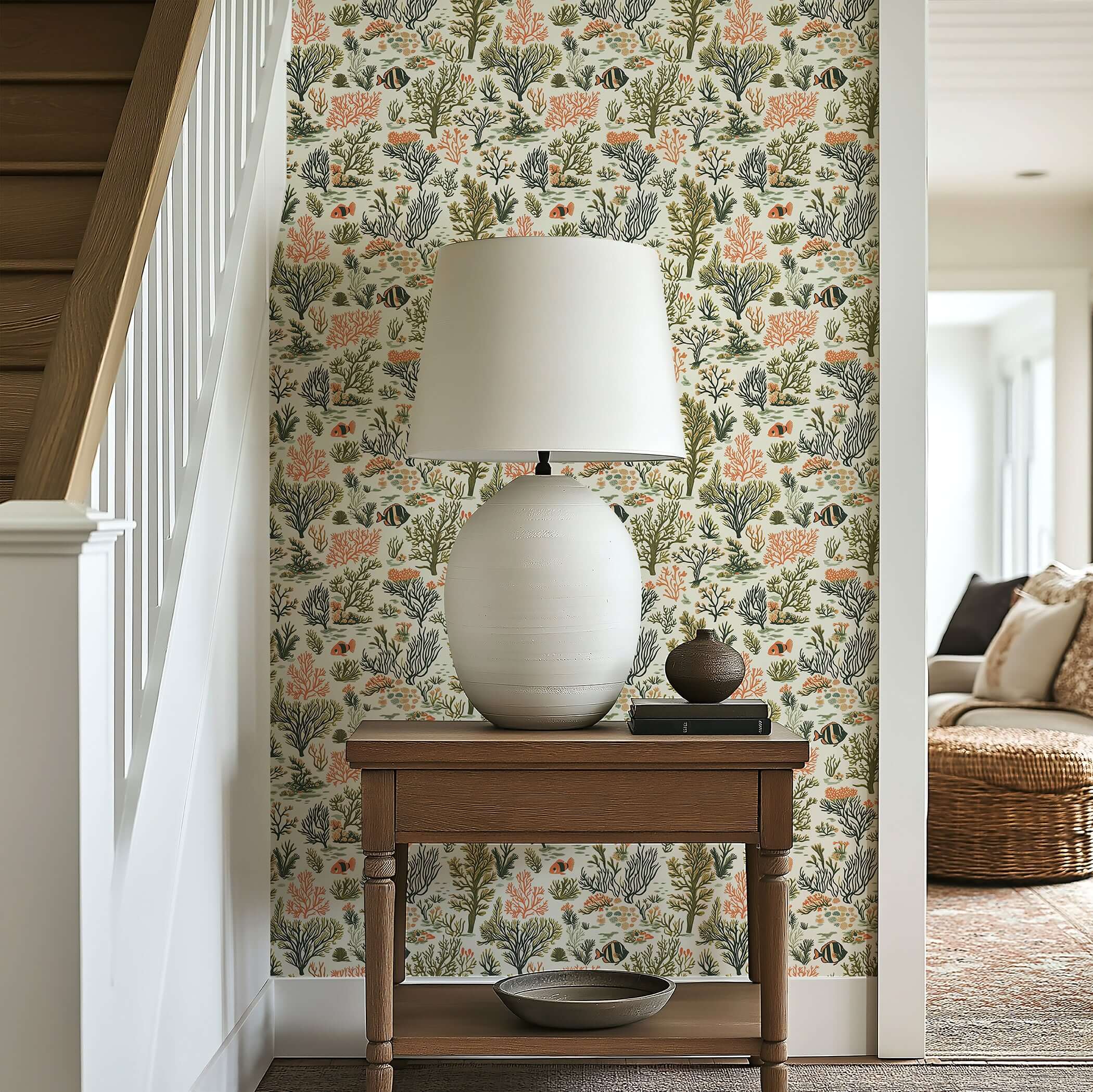 Coastal-themed wallpaper with hand-drawn coral, seaweed, and fish in earthy tones, featured in a serene interior setting.