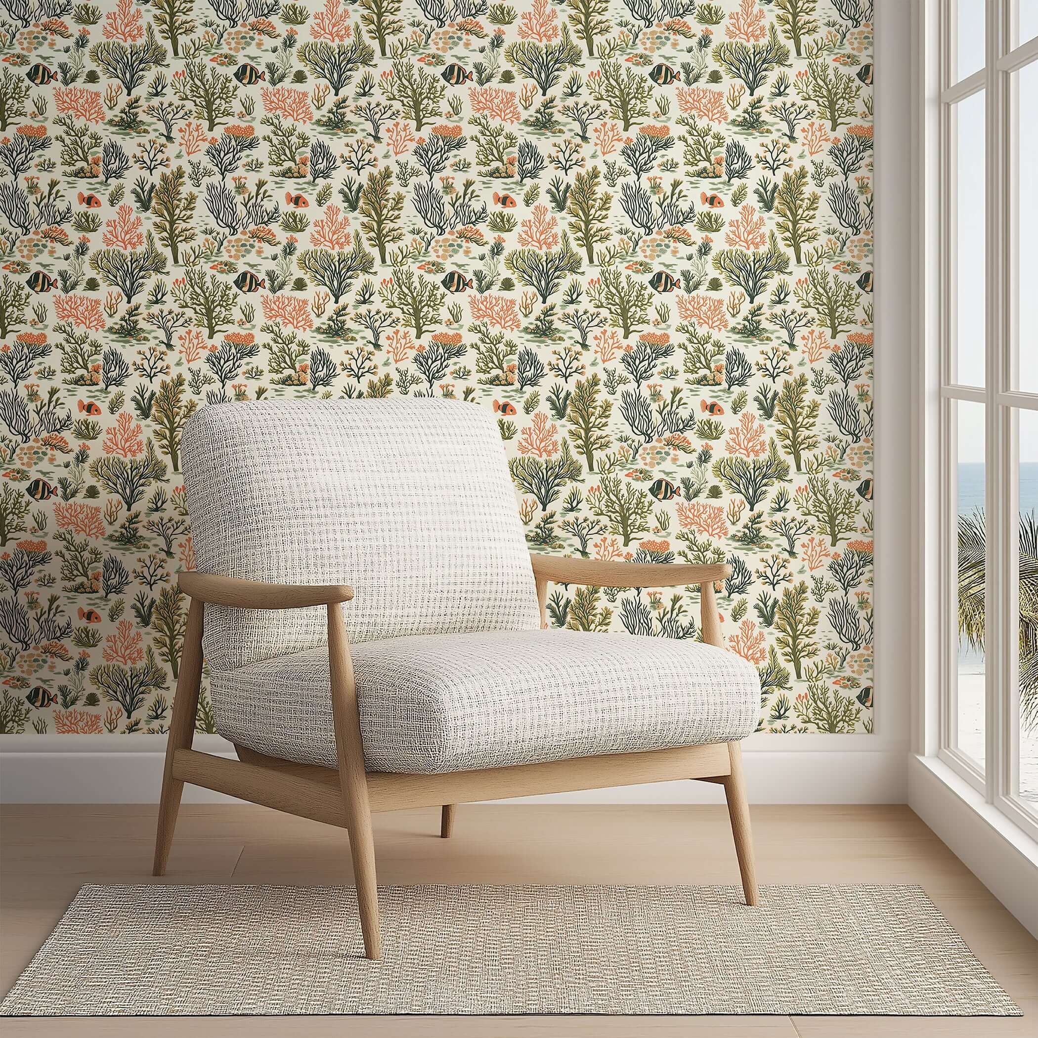 Coastal wallpaper with hand-drawn coral, seaweed, and fish in earthy tones, featuring a serene ocean-themed interior design with a modern chair.