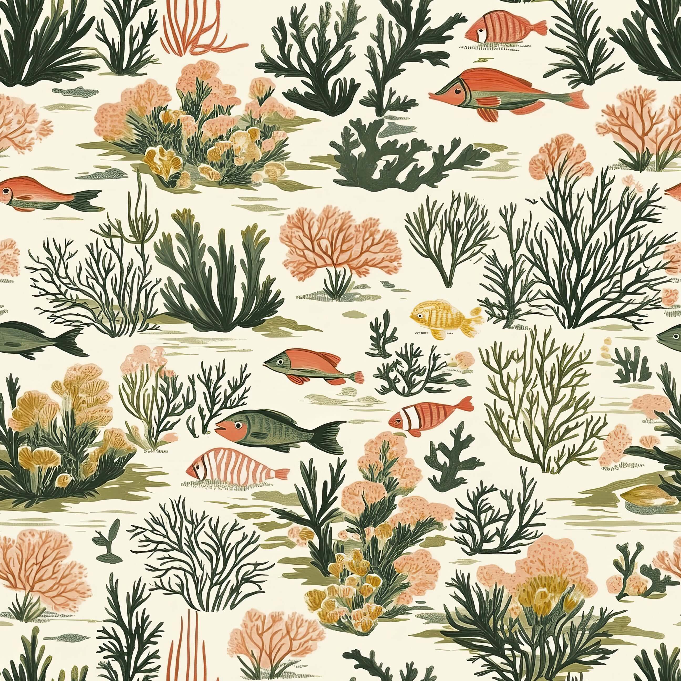 Tropical Tide Wallpaper featuring hand-drawn coral, seaweed, and fish, perfect for modern coastal-themed decor, reefs, coastal design.