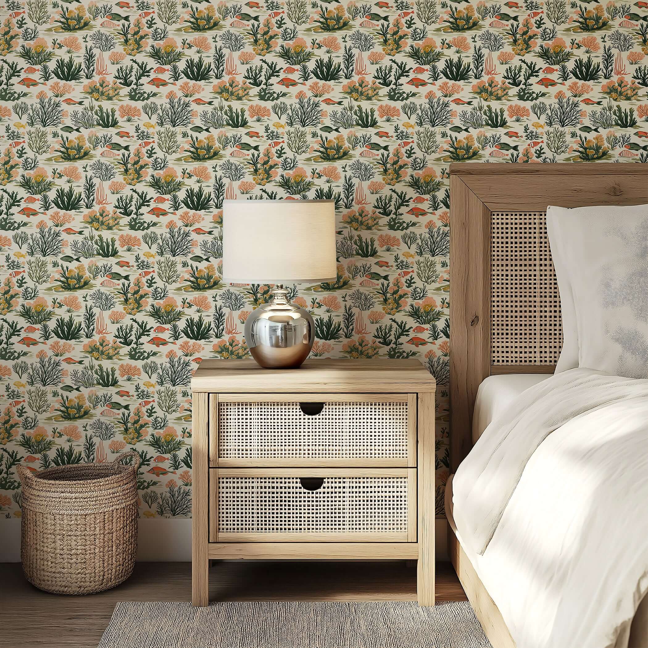 Coastal bedroom with Tropical Tide wallpaper featuring fish, coral, and seaweed, creating a modern ocean-themed decor.