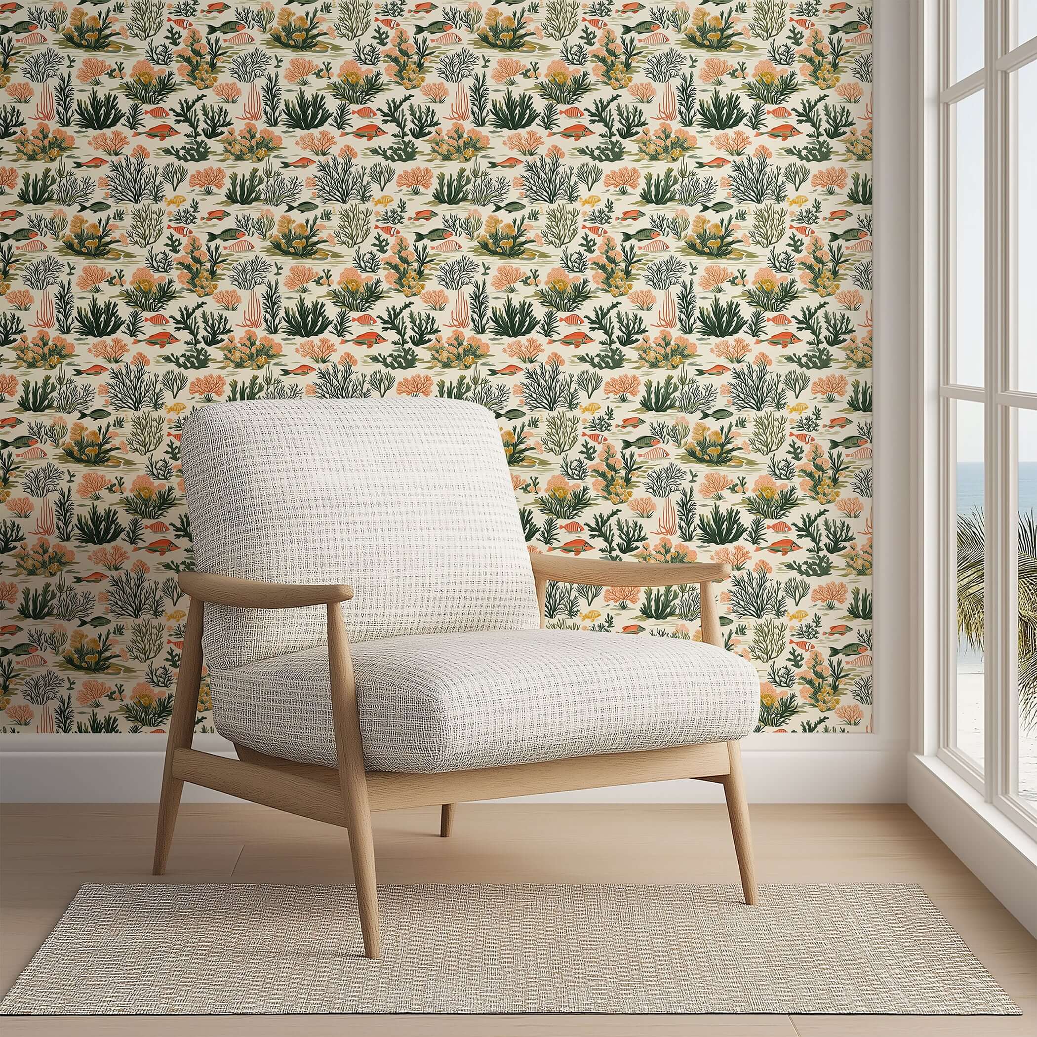 Tropical Tide wallpaper featuring coral, fish, and seaweed, perfect for coastal-themed modern decor in homes and living spaces.