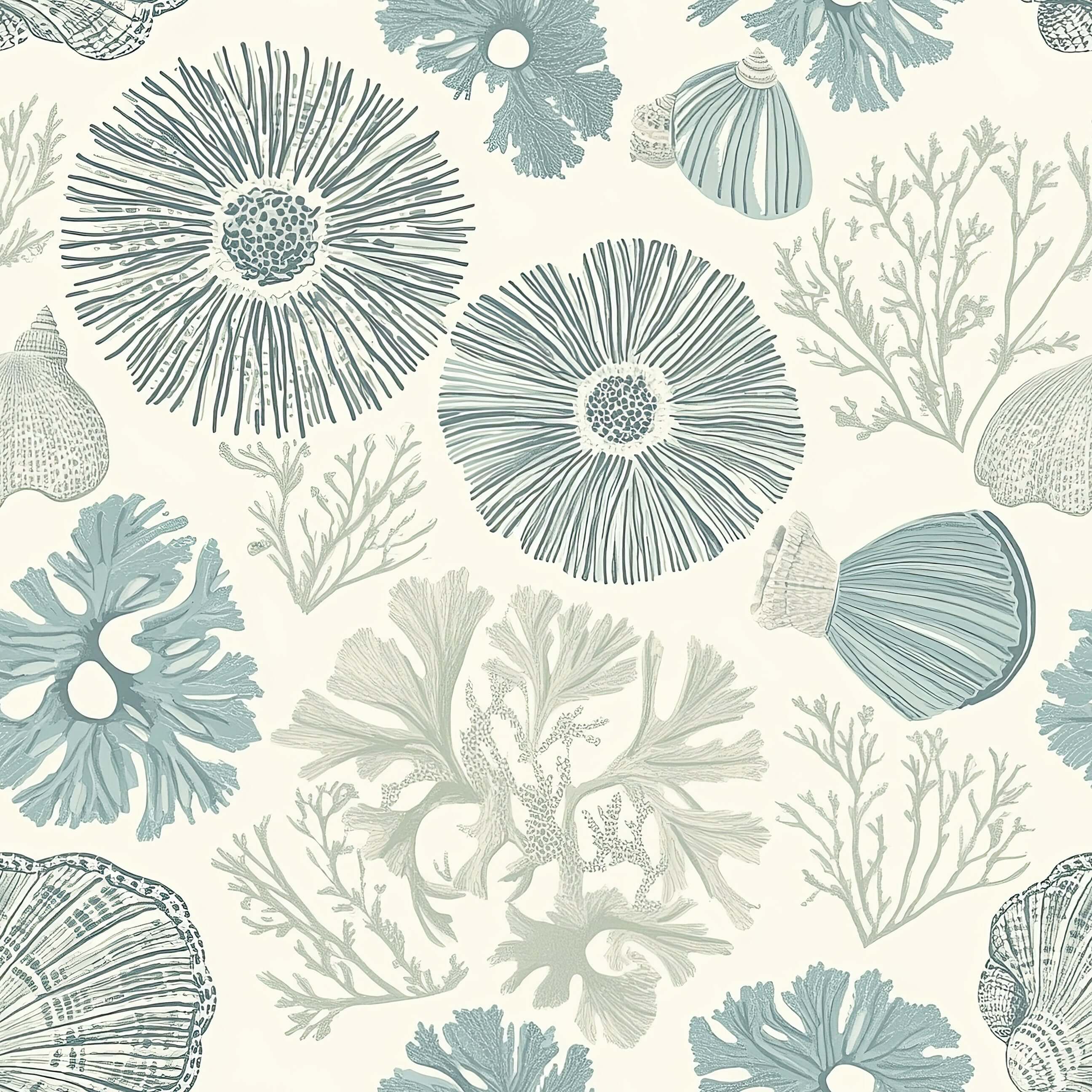 Coastal wallpaper featuring hand-rendered seashells, coral branches, and sea anemones in soft blue and seafoam tones for beach decor.