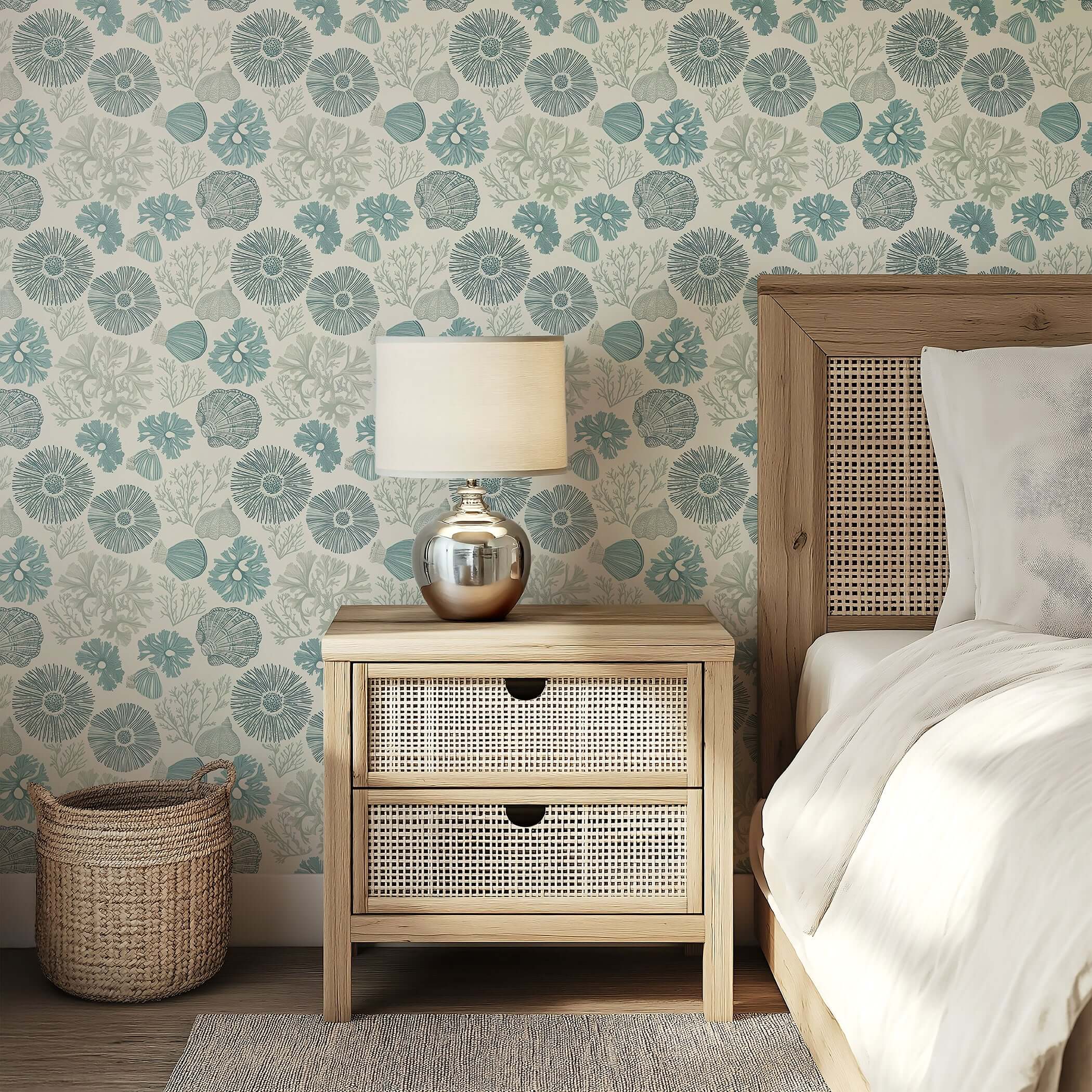 Coastal-themed bedroom with "Shoreline Charm" wallpaper, featuring seashells, coral, and beach motifs in soft blue and neutral tones.