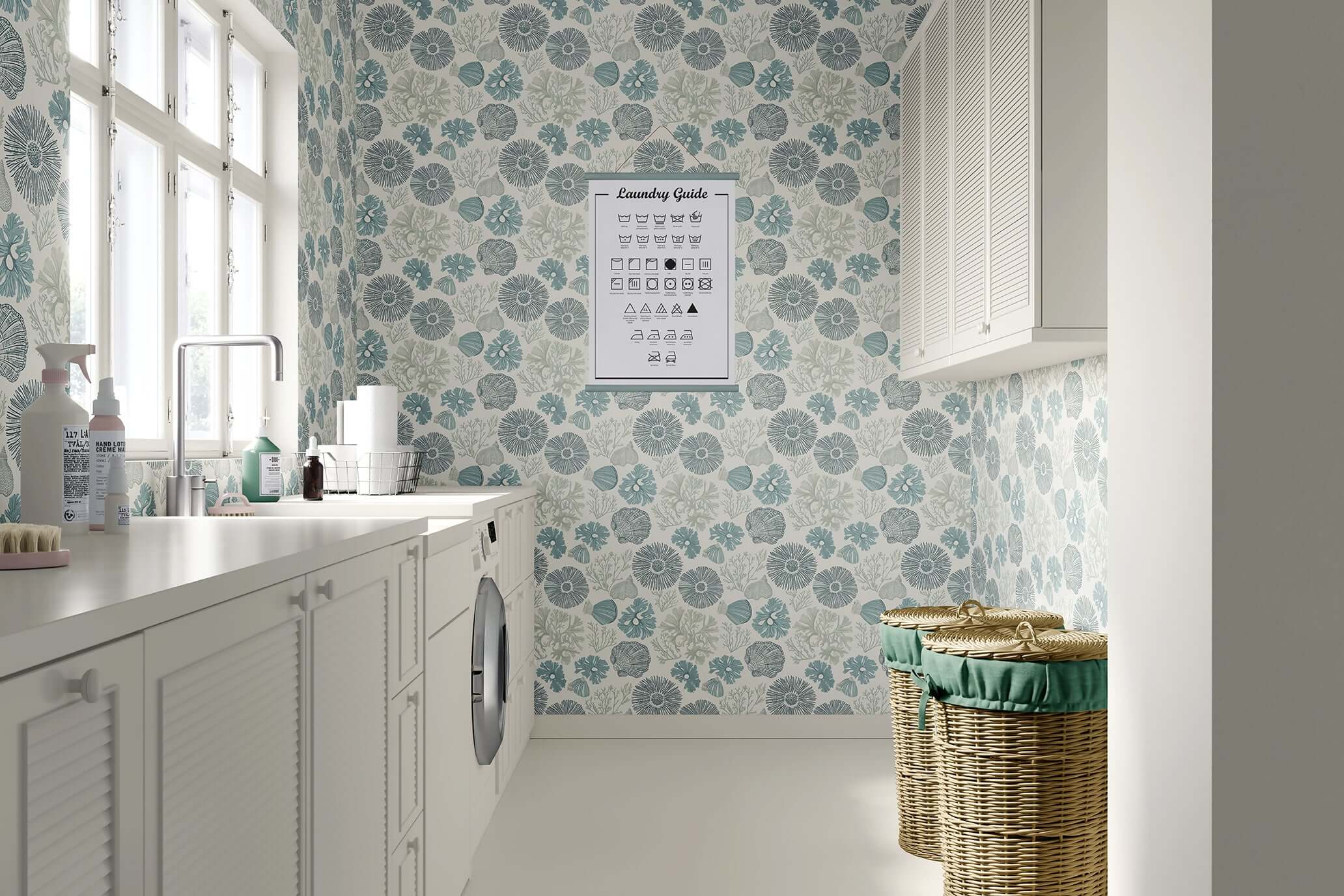 Laundry room featuring Shoreline Charm wallpaper with seashells and coral design in blue and seafoam, enhancing a coastal theme.