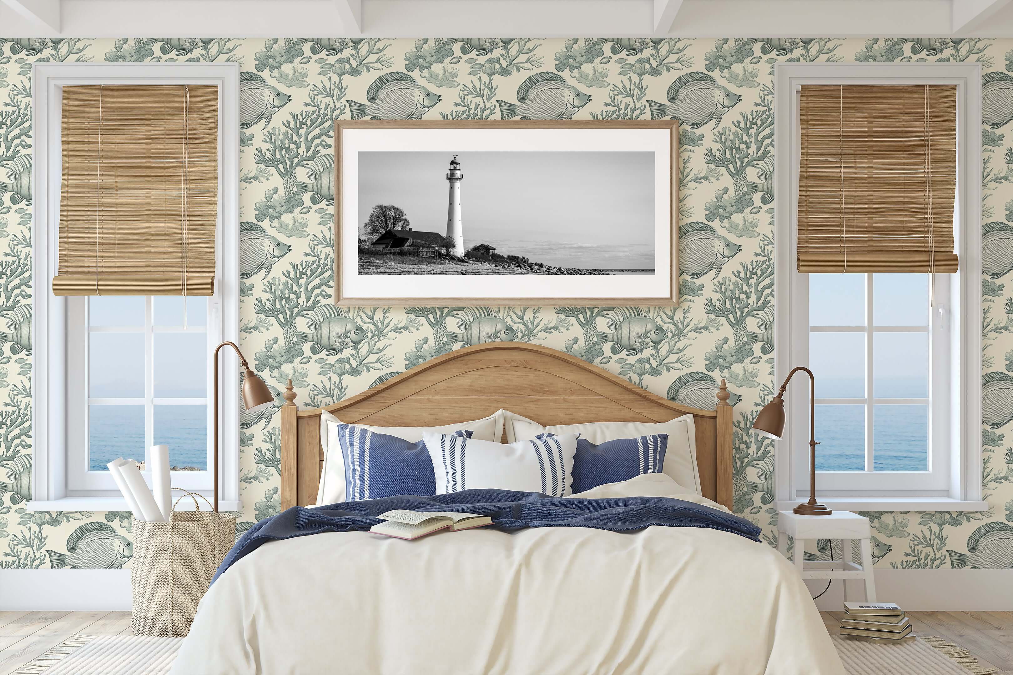 Coastal bedroom with Ocean Classics wallpaper featuring vintage fish and coral design, enhancing seaside theme.