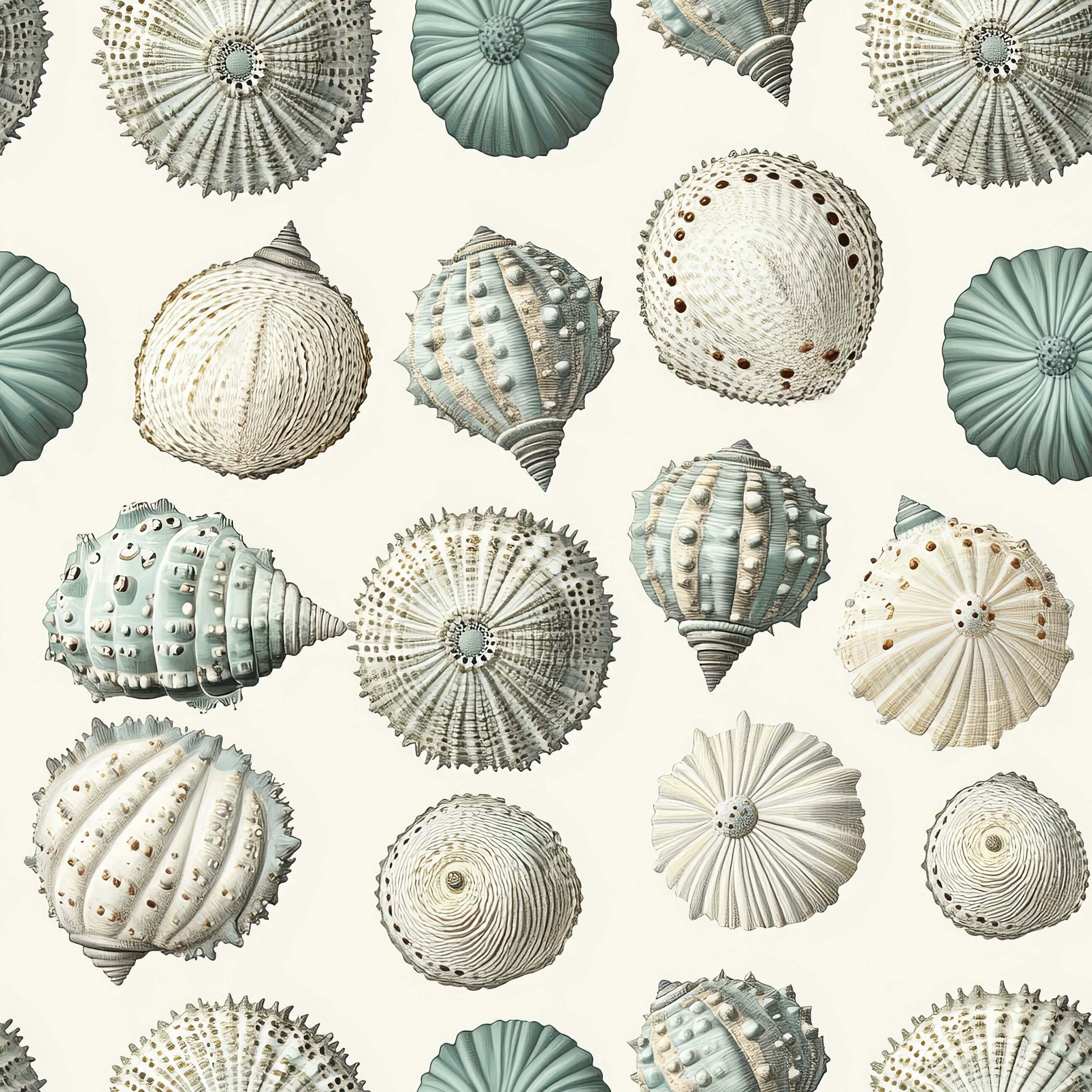 Elegant Ocean Gems wallpaper featuring seashell designs in coastal shades, perfect for modern beach-inspired interior décor.