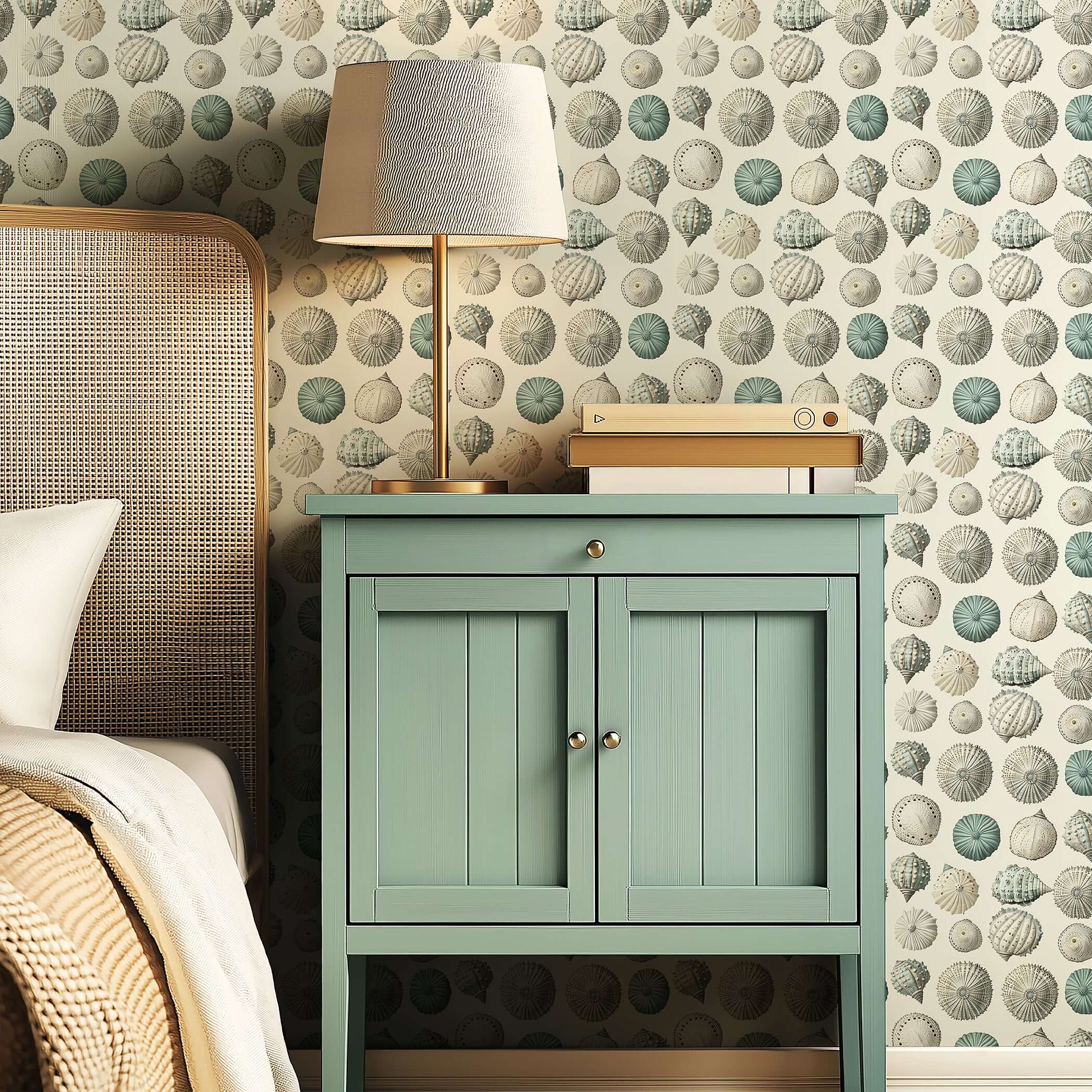 Coastal wallpaper with seashell designs beside a modern teal cabinet and cozy bedroom setting, ideal for beach-inspired décor.