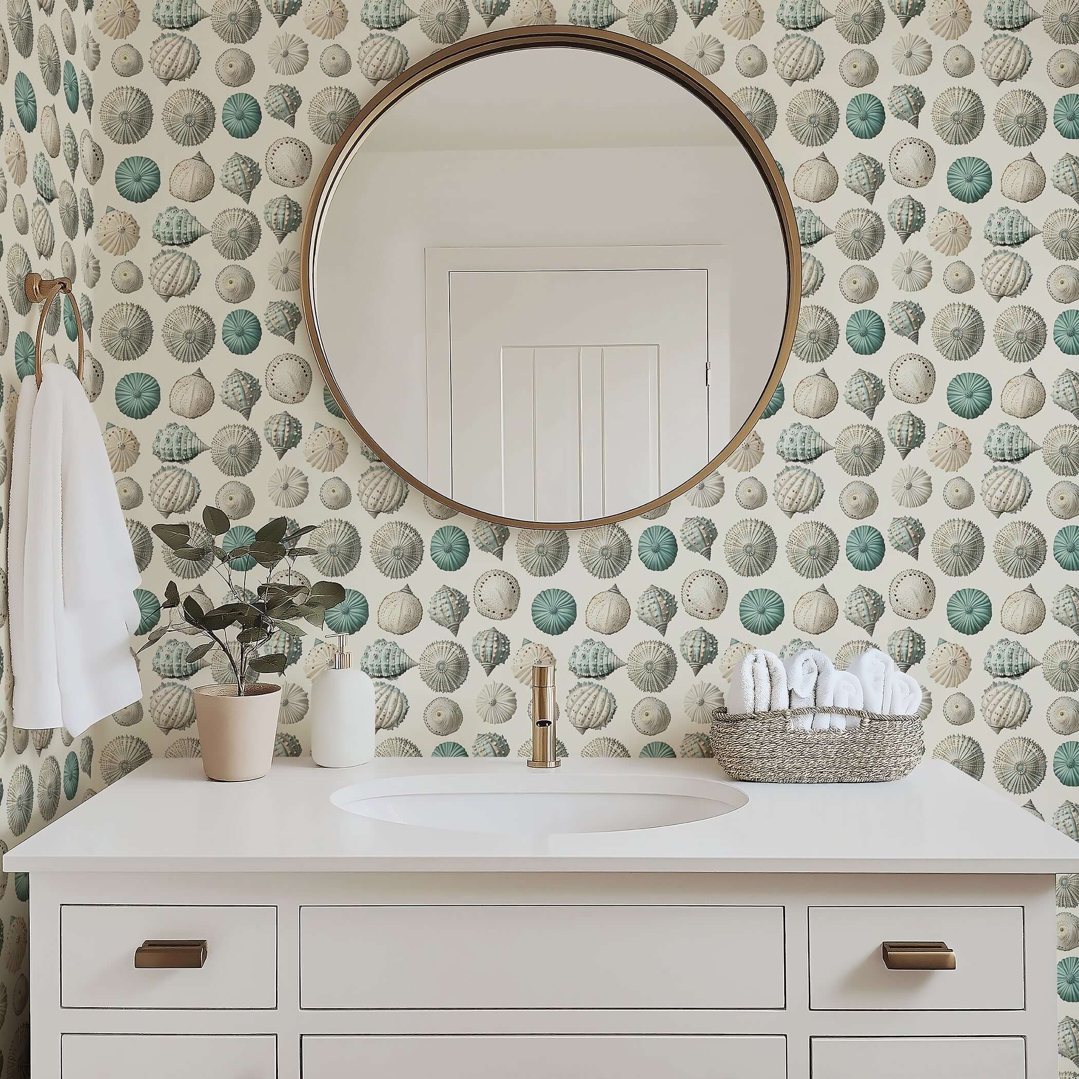 Bathroom with Ocean Gems Wallpaper featuring seashells in coastal shades, perfect for modern beach-inspired interior design.