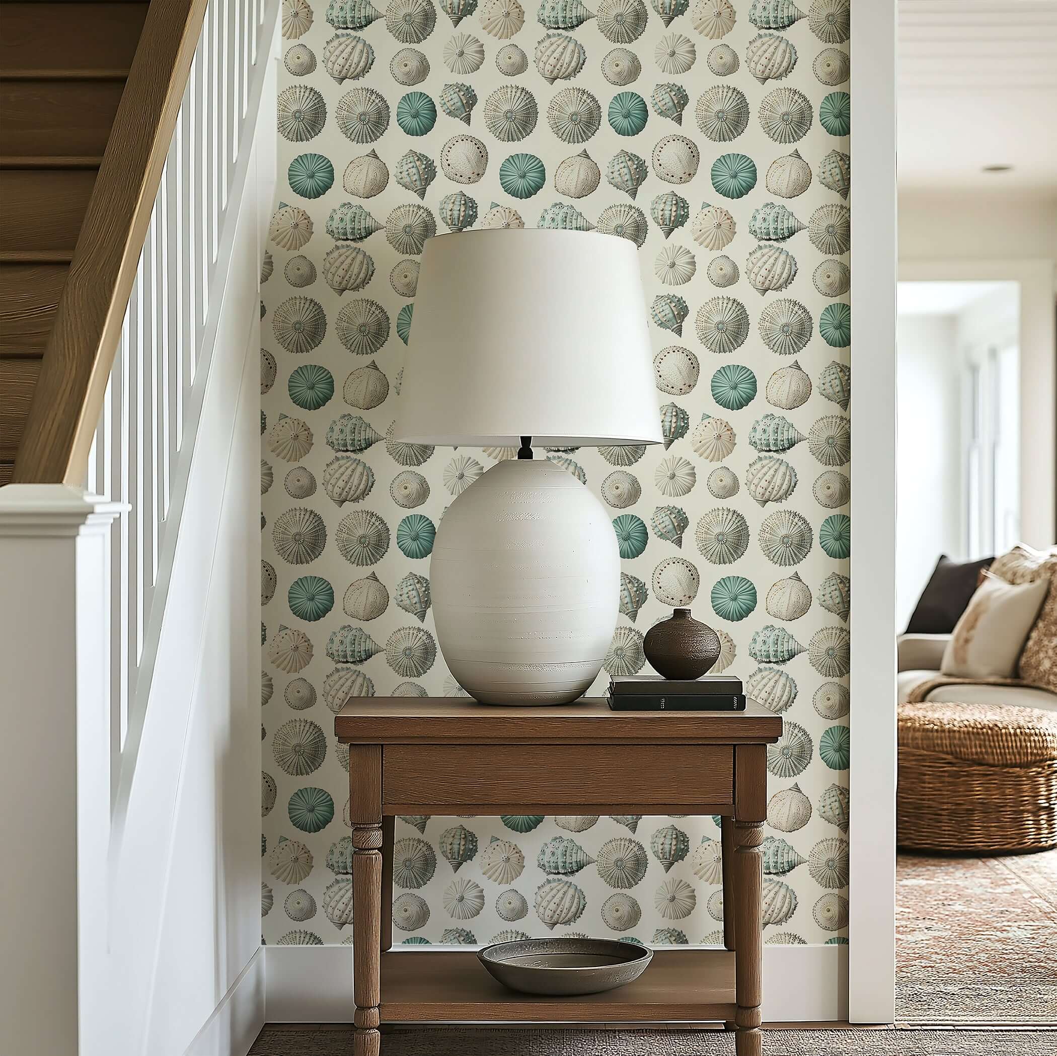 Elegant wall with Ocean Gems coastal wallpaper featuring seashell designs, complementing modern beach house decor.