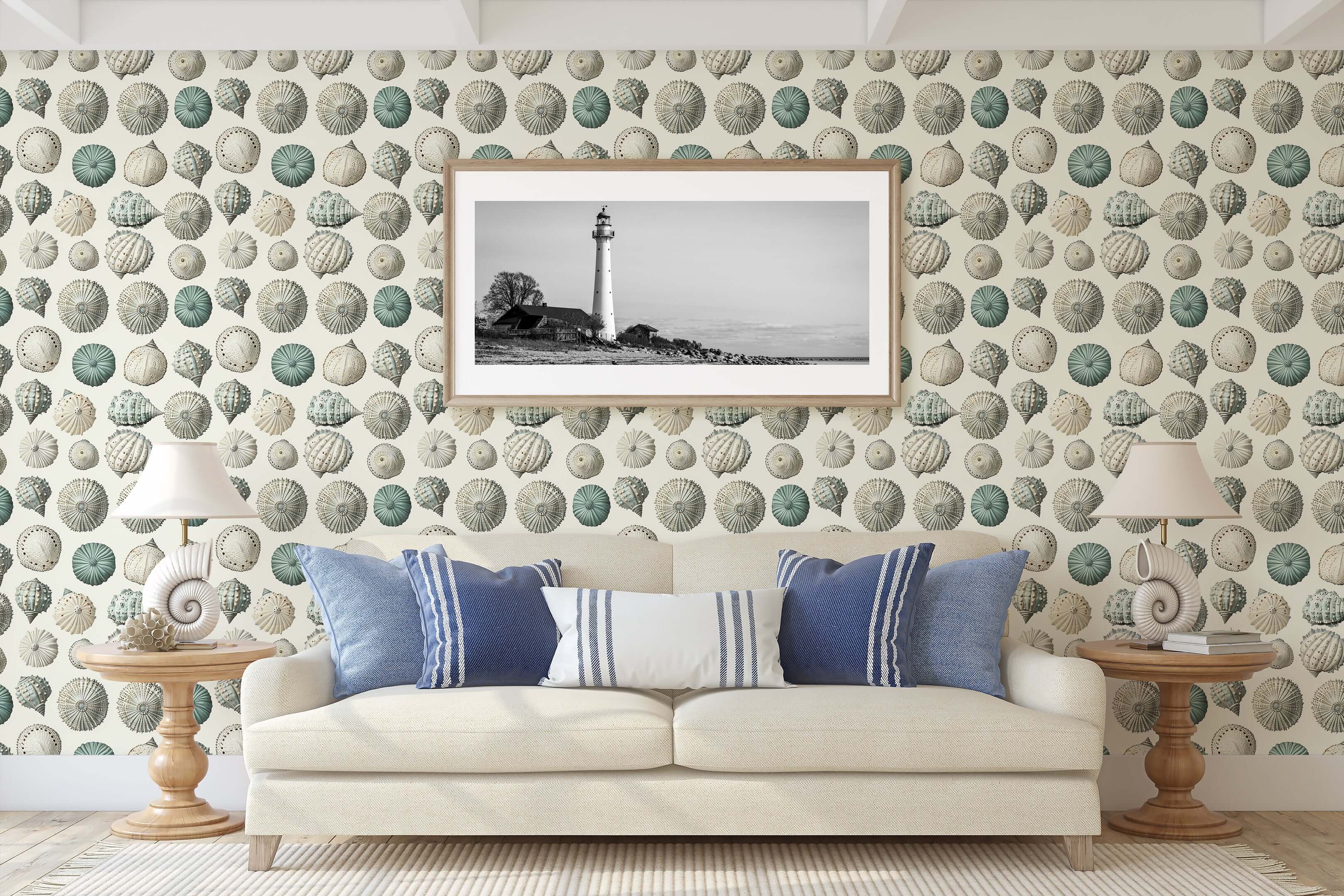 Elegant living room with Ocean Gems wallpaper featuring seashells, enhancing modern coastal design and beach-inspired decor.