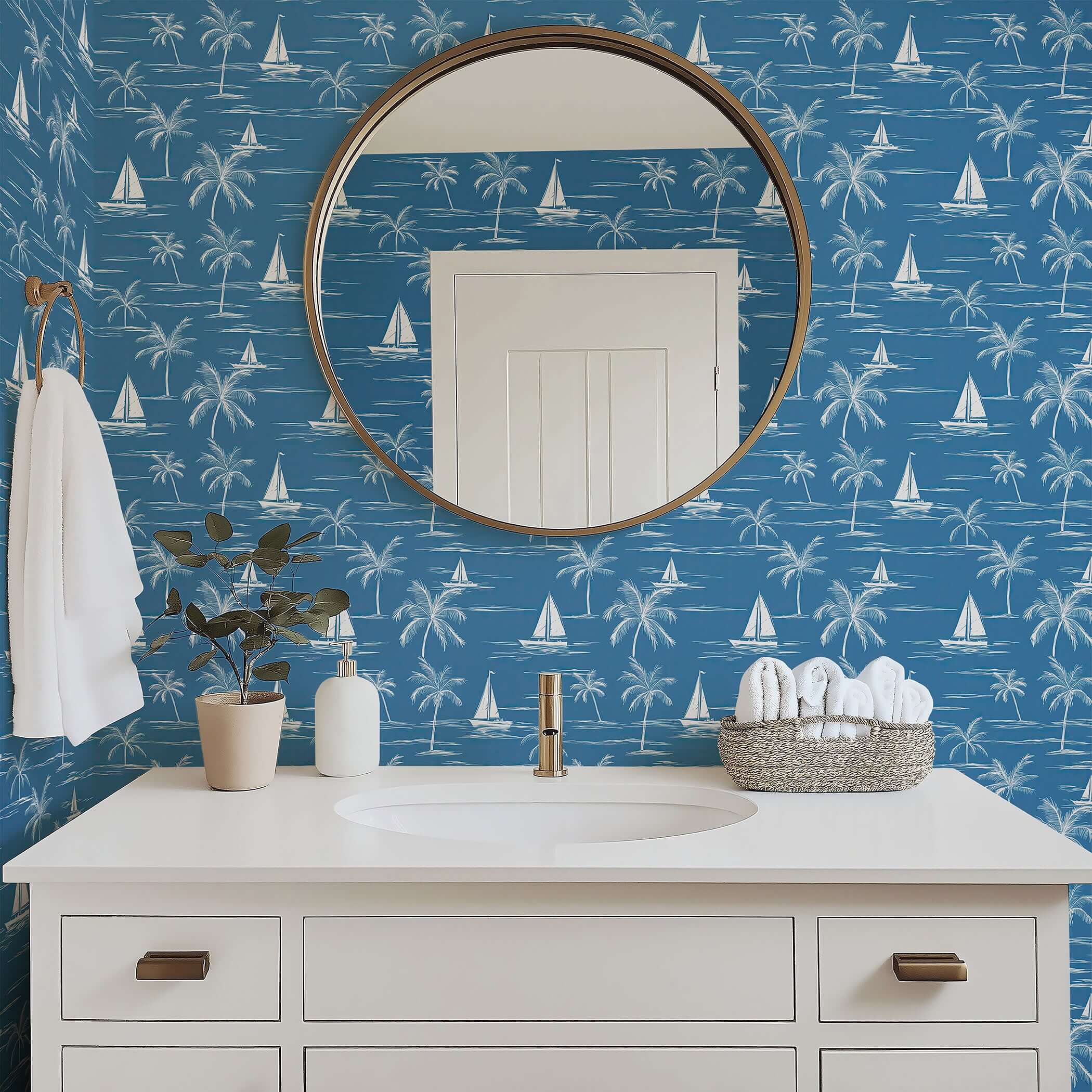 Bathroom with Sail and Palm wallpaper featuring sailboats and palm trees in a blue coastal toile design for a serene beach feel.
