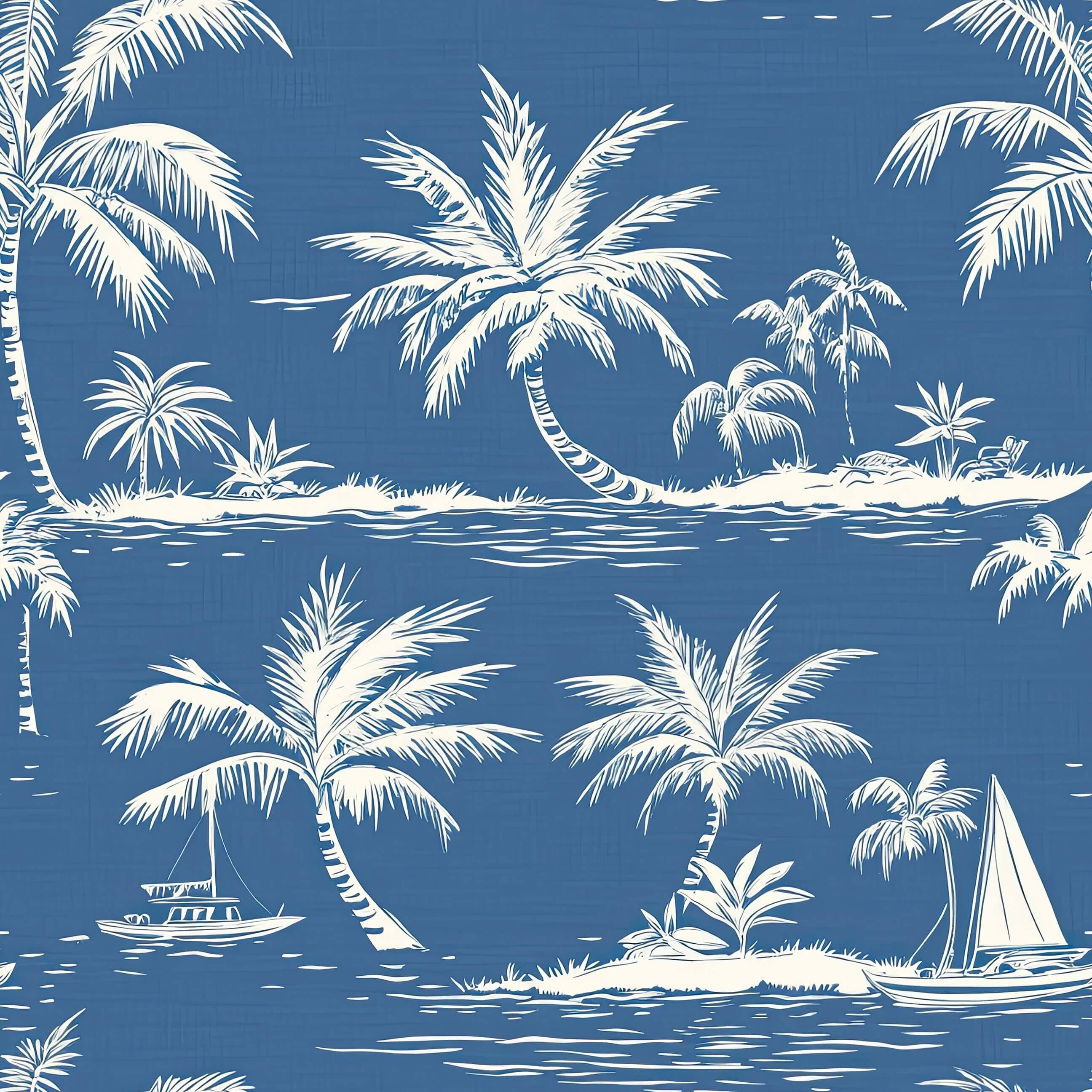 "Blue Hawaii" wallpaper featuring hand-drawn palm trees and sailboats on a blue background, perfect for coastal and beach-inspired decor.