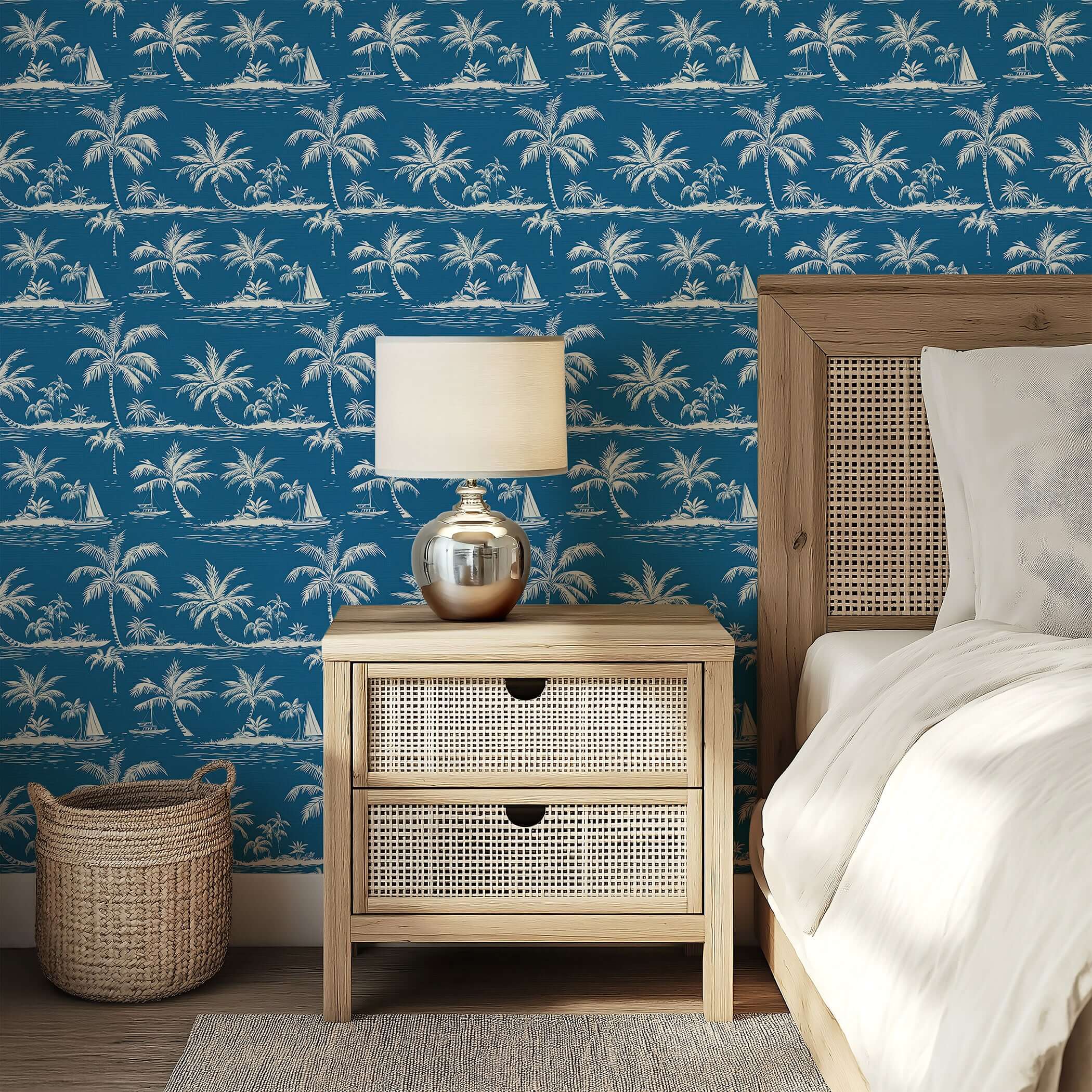 Coastal bedroom with "Blue Hawaii" wallpaper featuring palm trees and boats, creating a French toile beach-inspired atmosphere.