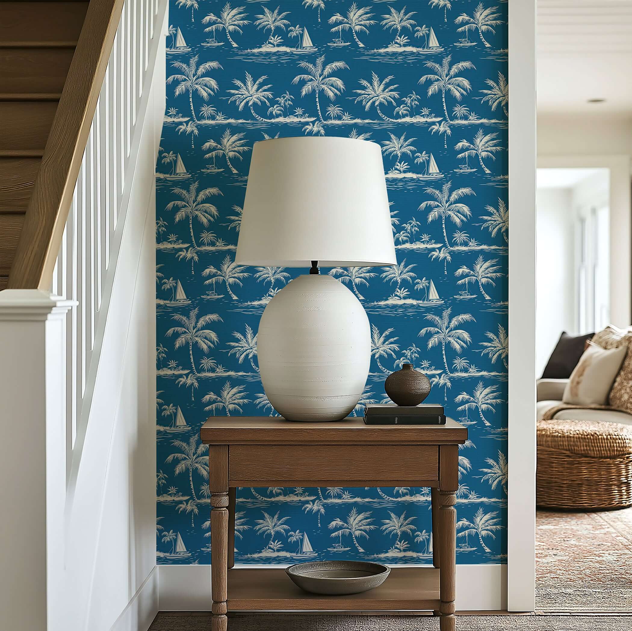 "Blue Hawaii" coastal wallpaper with hand-drawn palm trees and boats in French toile style, creating a tropical beach atmosphere.