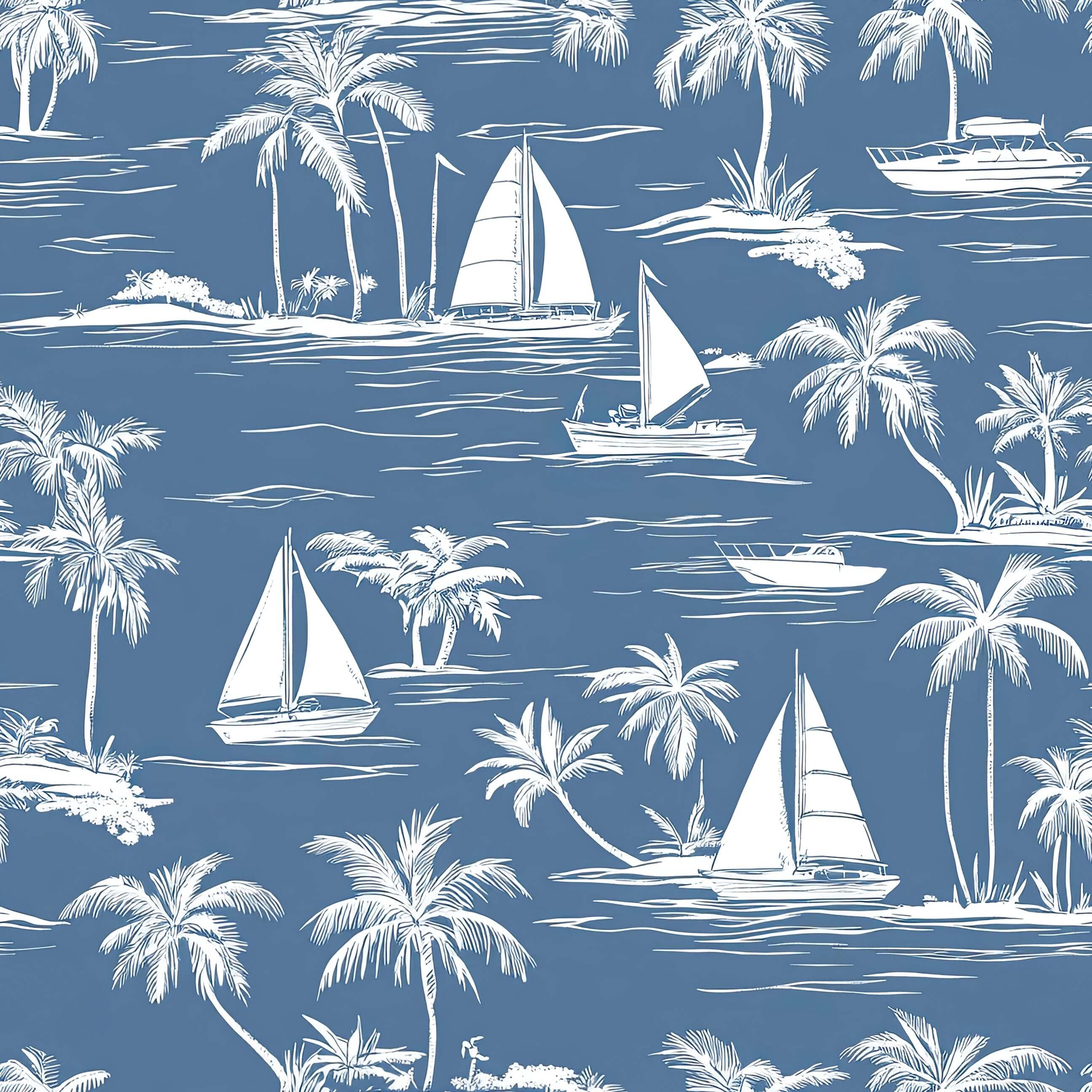 Coastal wallpaper featuring sketch sailboats and palm trees on a blue background, ideal for nautical or beach-themed decor.