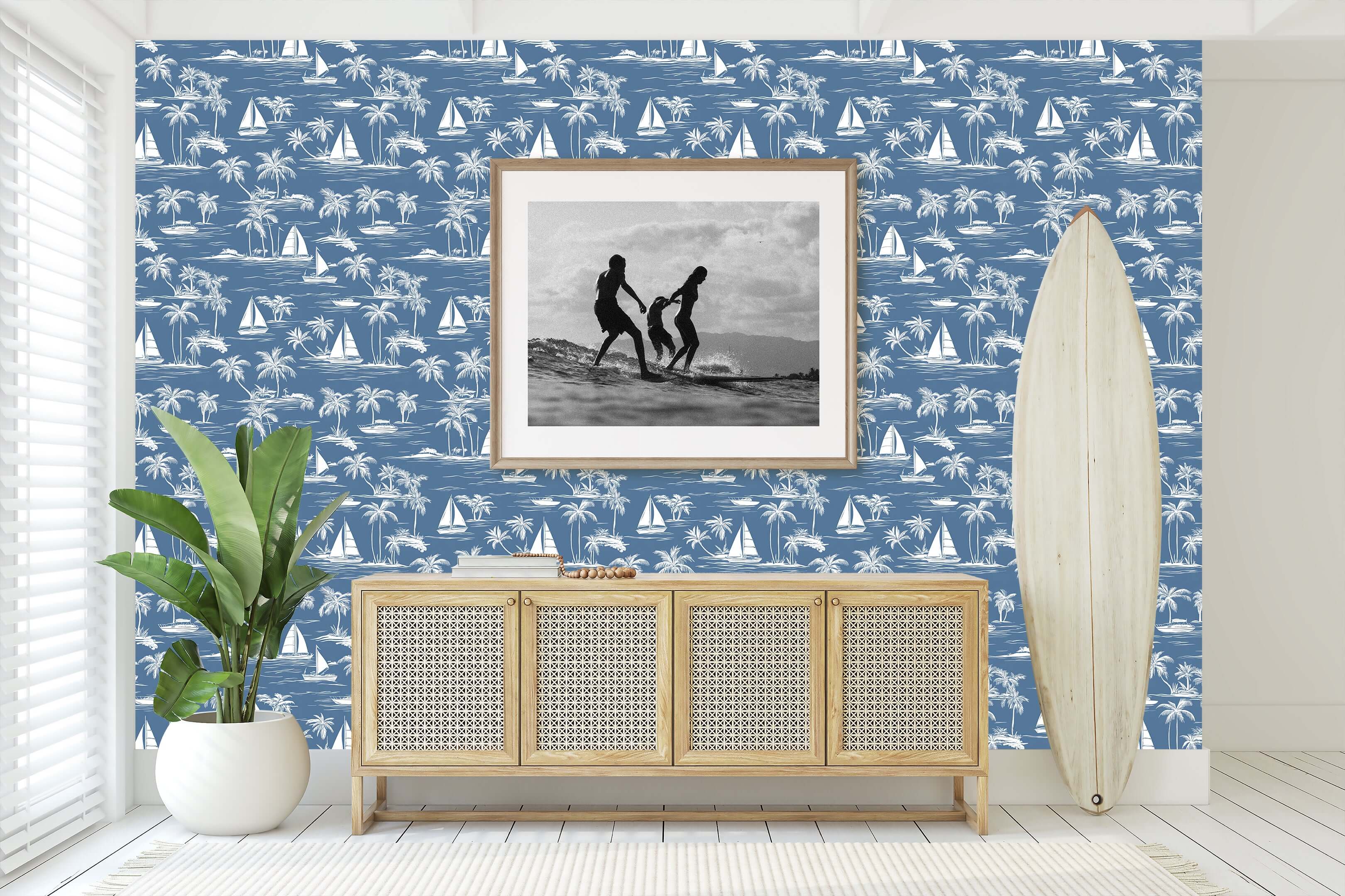 Sail Away Wallpaper featuring coastal design with sketch sailboats, palm trees, and a serene blue background perfect for nautical decor.
