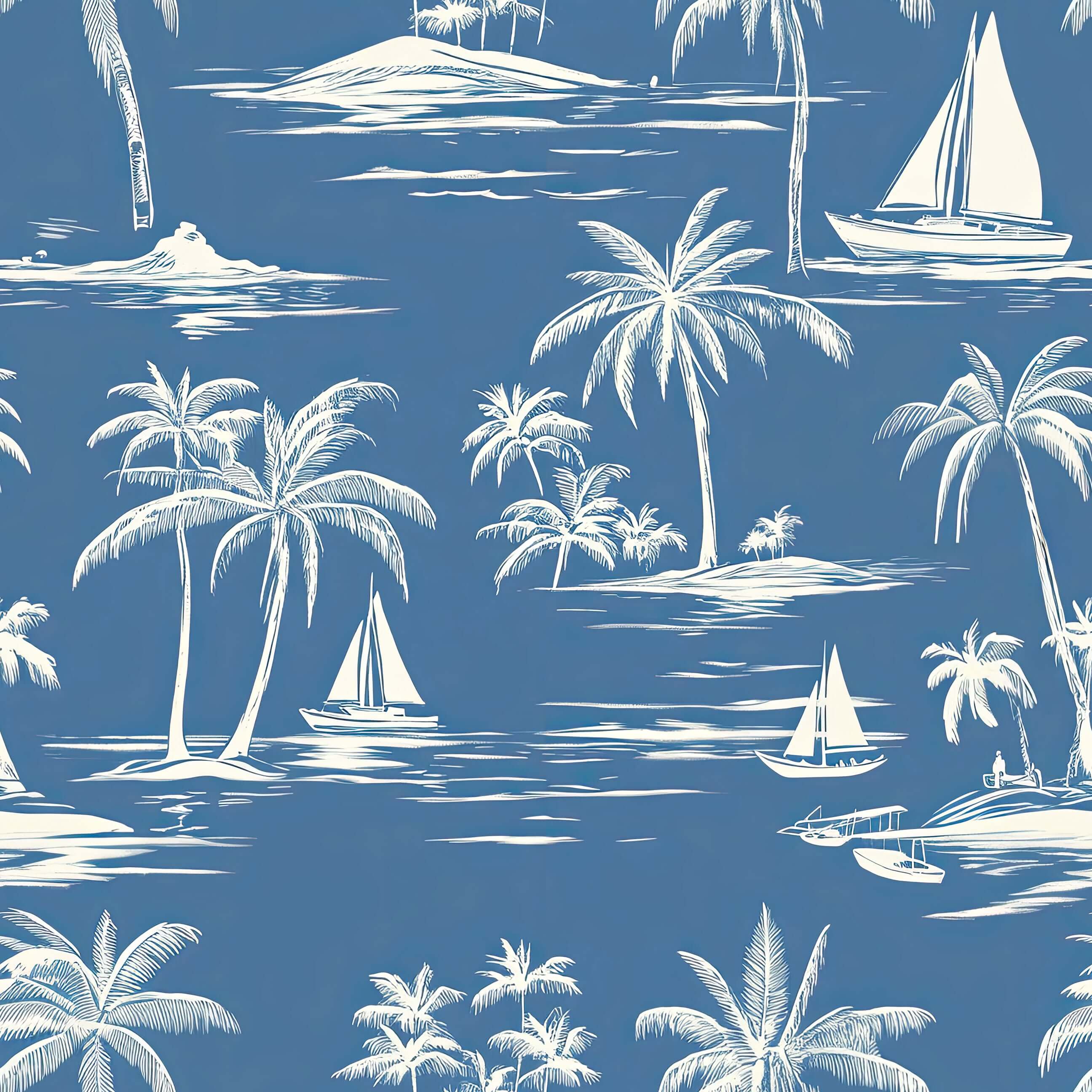 Elegant coastal wallpaper featuring swaying palm trees, sailboats, and serene sea. Ideal for beach and nautical-themed spaces.