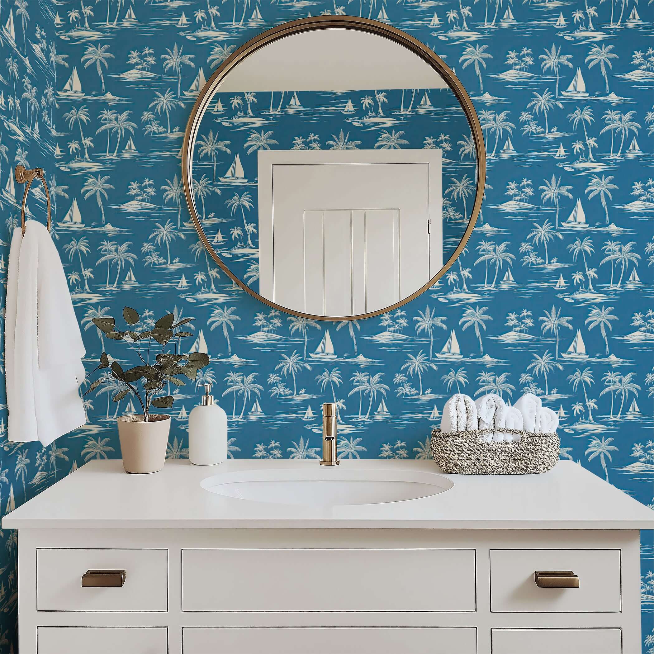 Bathroom with Palm Paradise wallpaper featuring palm trees, boats, and a nautical design, ideal for coastal and beach-themed spaces.
