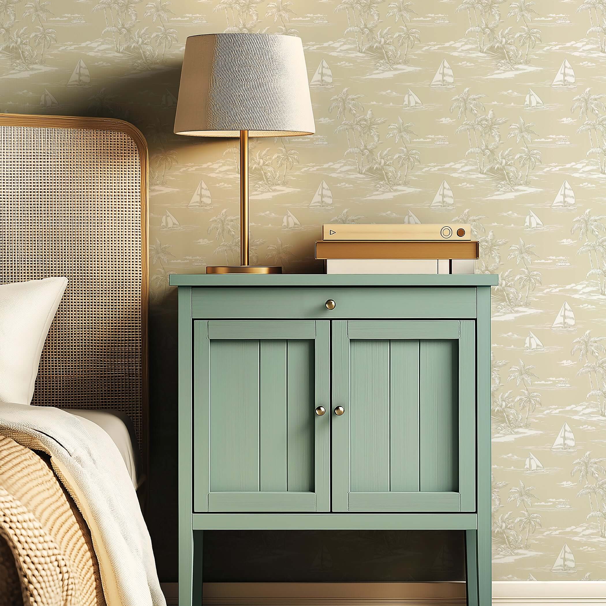 Sandy Shores wallpaper featuring hand-drawn sailboats and palm trees in sand hues, perfect for coastal, beach-themed interiors.