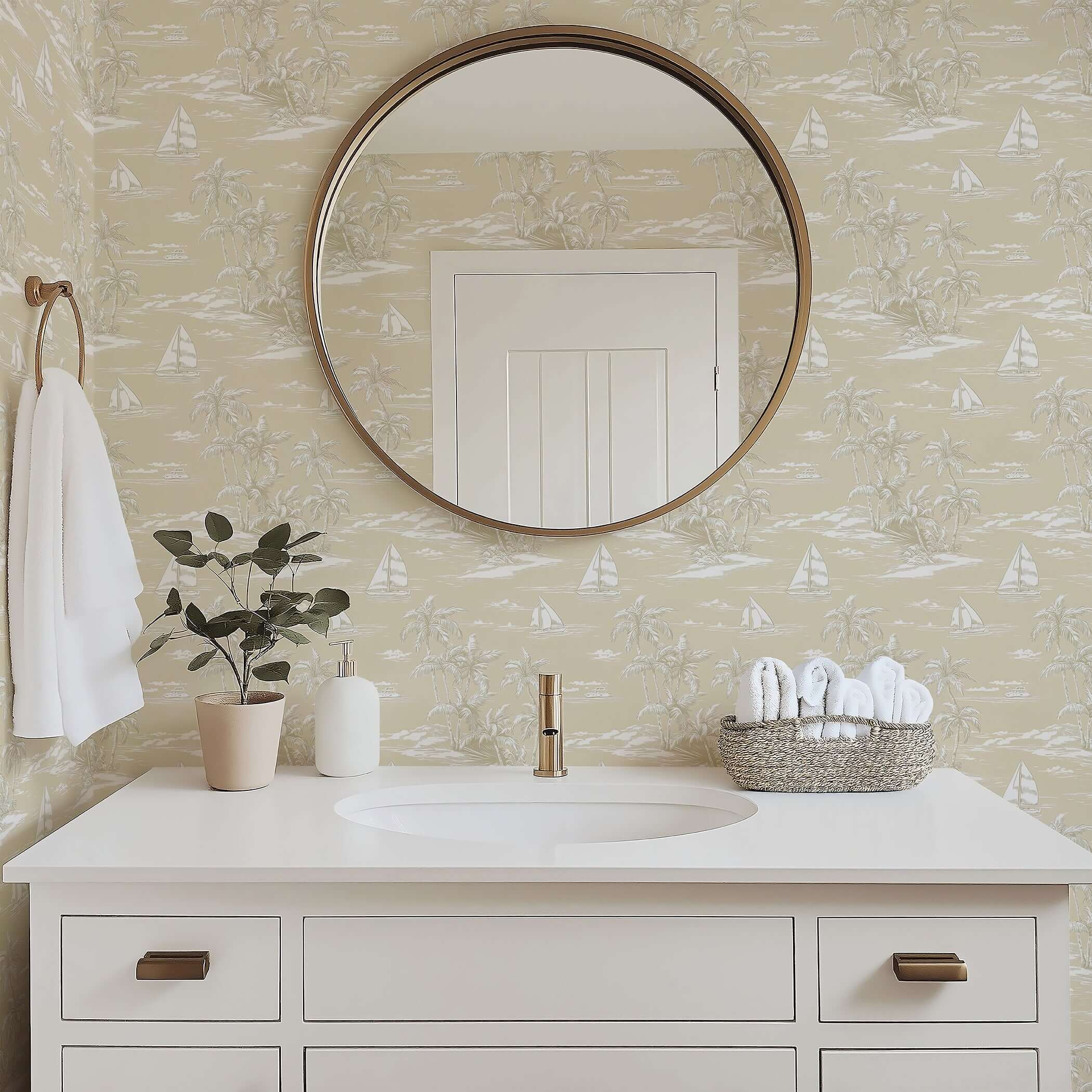Bathroom with 'Sandy Shores' coastal wallpaper featuring toile sailboats, palm trees, and soothing beach hues creating a serene ambiance.