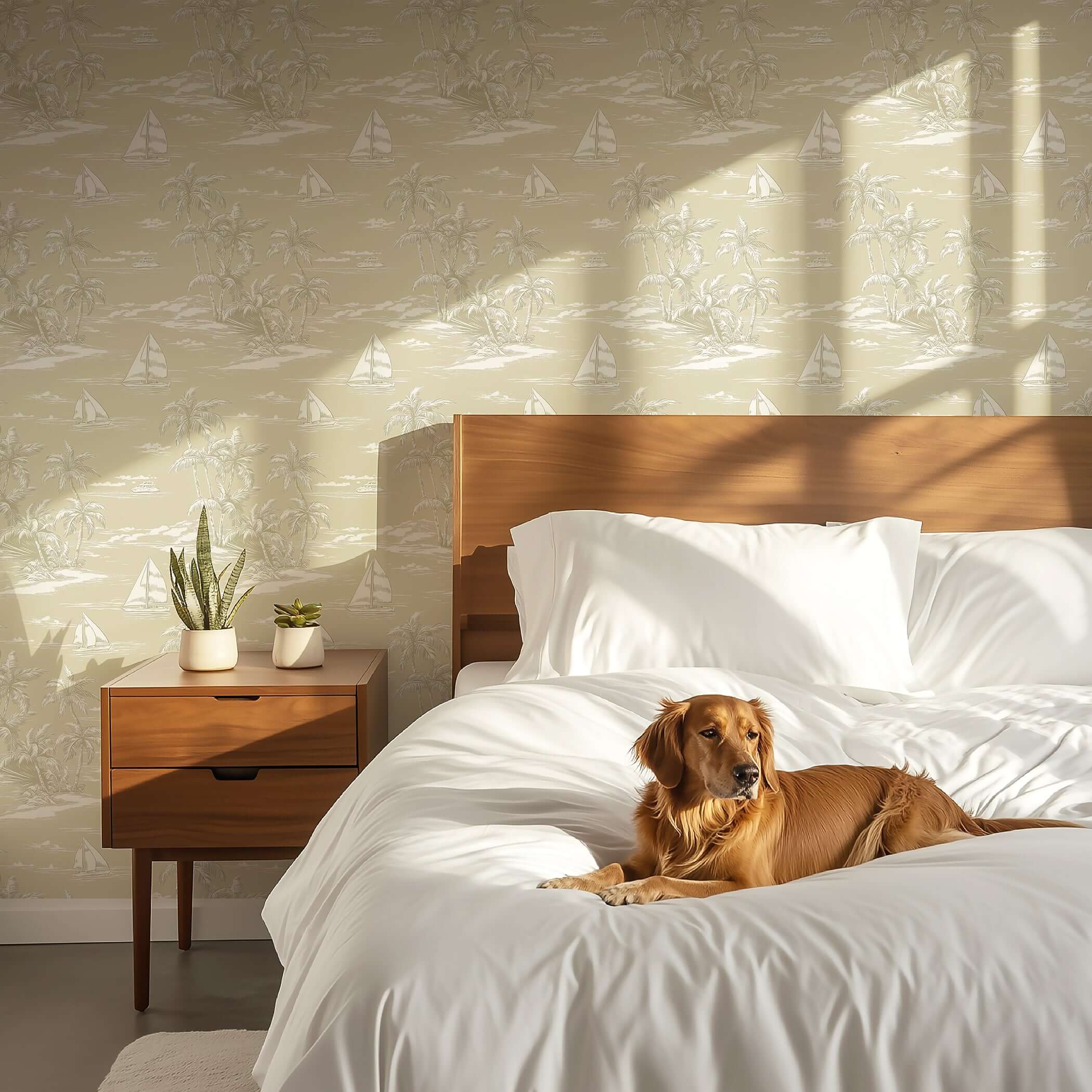 Coastal bedroom featuring "Sandy Shores" wallpaper with sailboats and palm trees, highlighting beach-themed design with a dog on the bed.