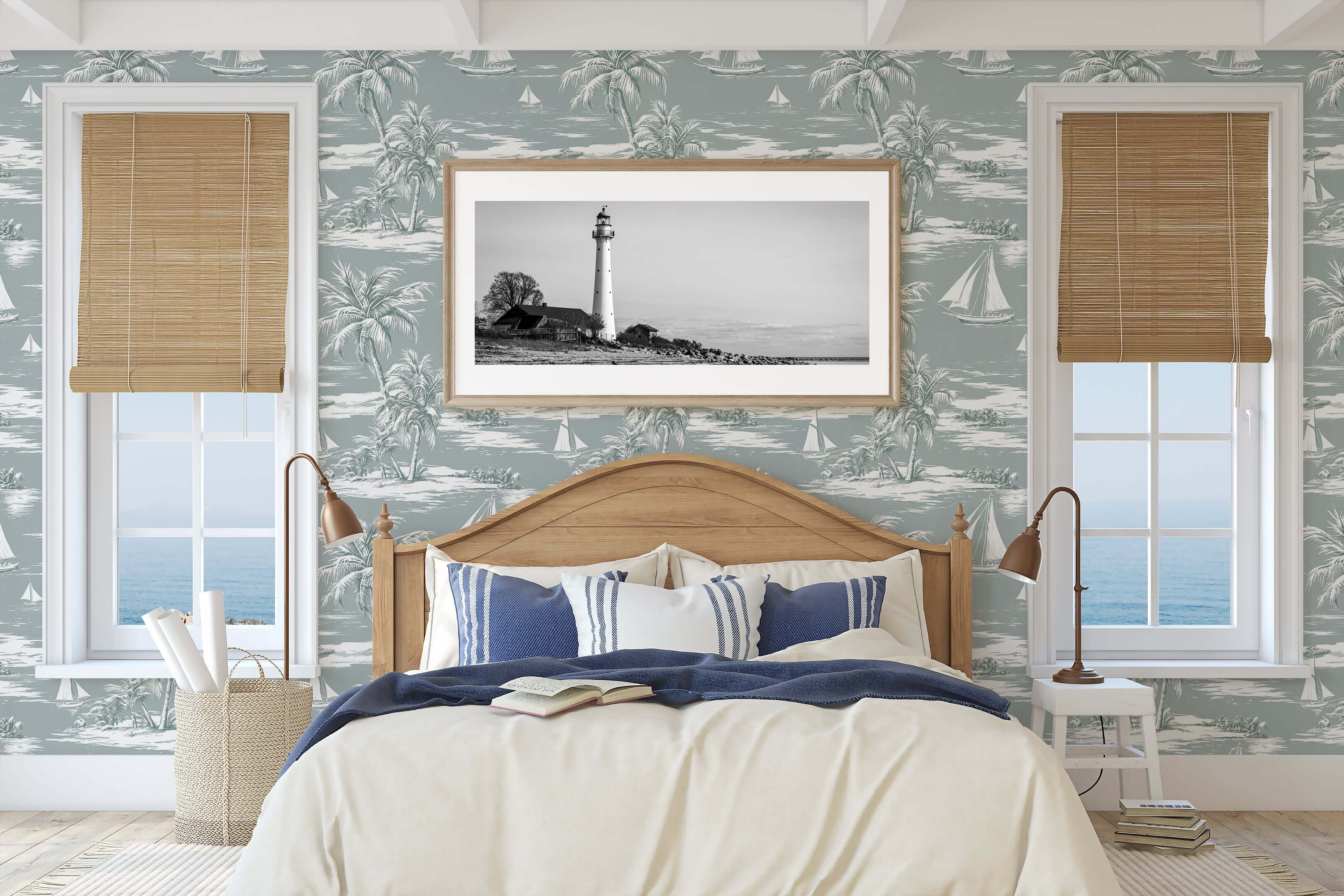 Seafoam Shores wallpaper featuring sailboats and palm trees in a coastal bedroom with a view of the ocean, enhancing nautical elegance.