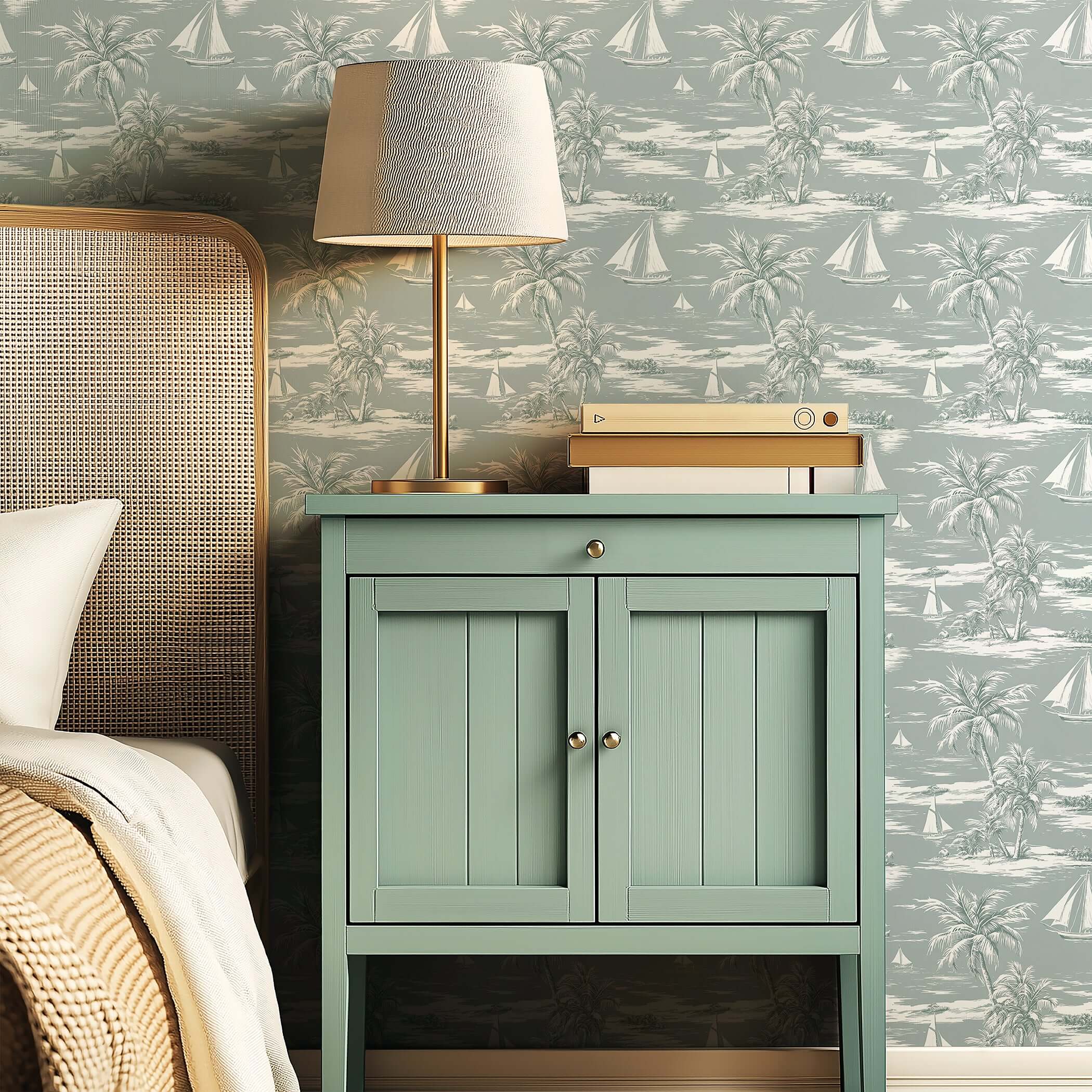 Seafoam Shores wallpaper featuring boats and palm trees in a coastal design in a bedroom setting with a green nightstand.