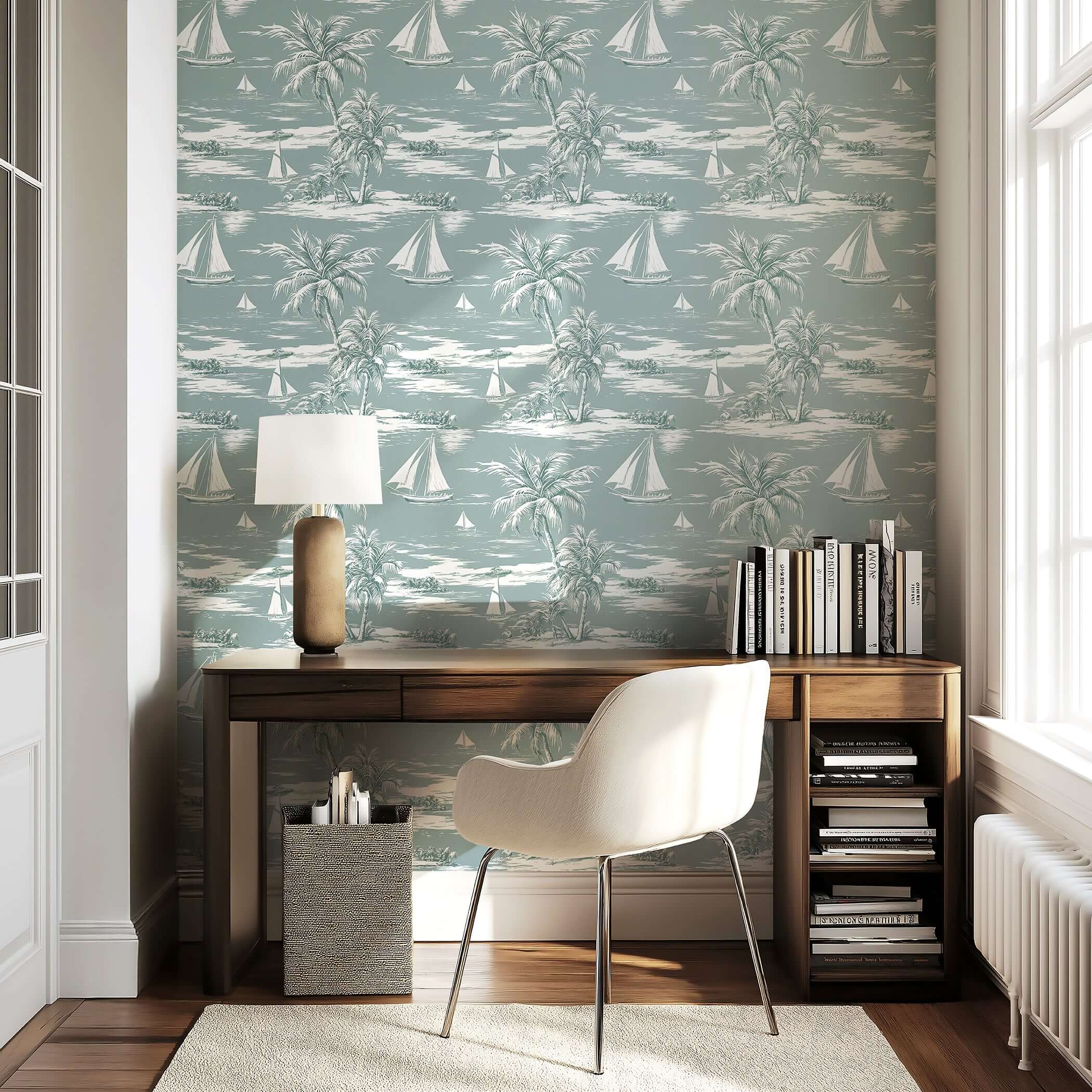 Seafoam Shores wallpaper with sailboats and palm trees on a seafoam green background, perfect for coastal and nautical-themed decor.