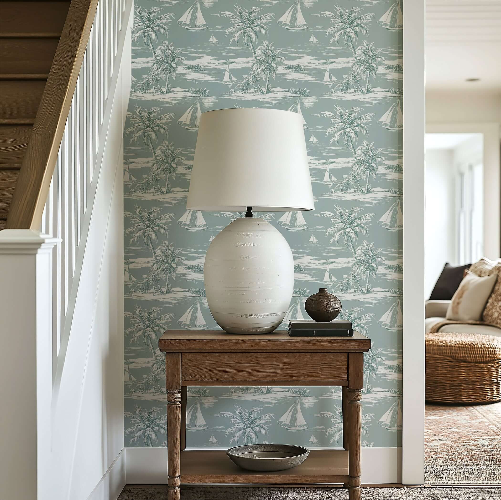 Seafoam Shores Wallpaper with sailboats and palm trees on a seafoam background, enhancing coastal and nautical decor.