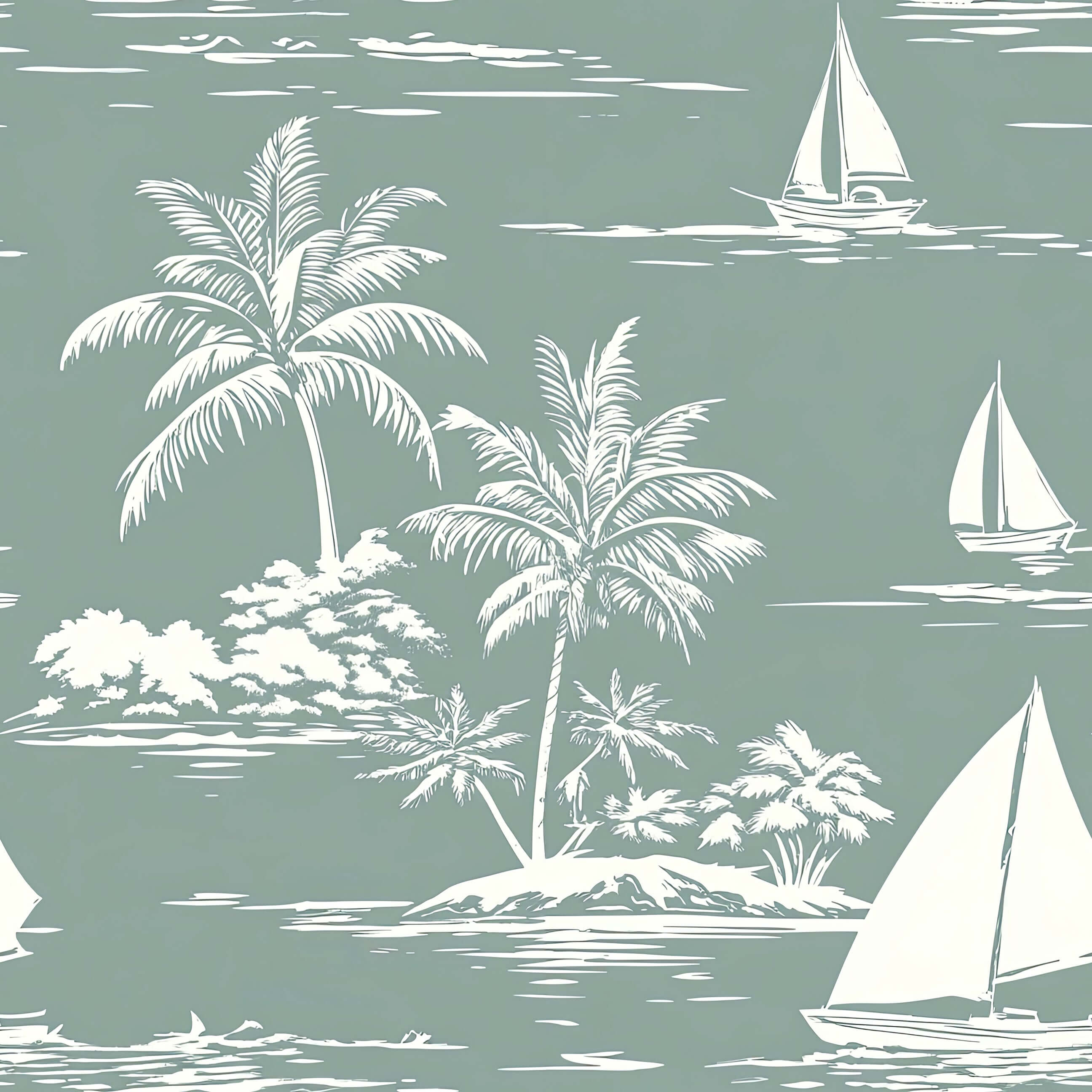 Coastal wallpaper with sailboats, palm trees, and ocean design in seafoam green and white. Perfect for nautical-themed decor.