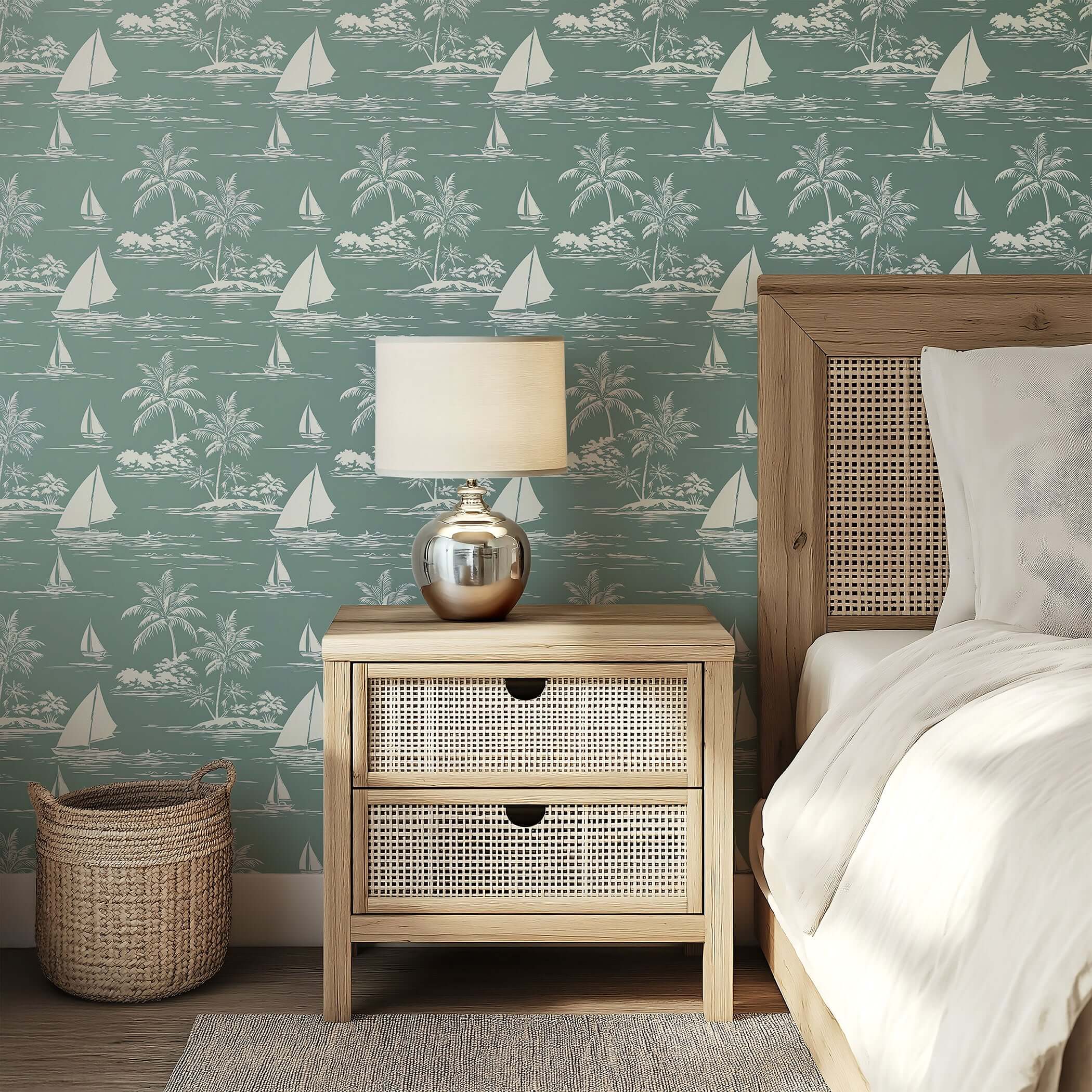 Bayside Escape wallpaper with sailboats, palm trees, and ocean scenes in seafoam green, perfect for coastal-themed interiors.
