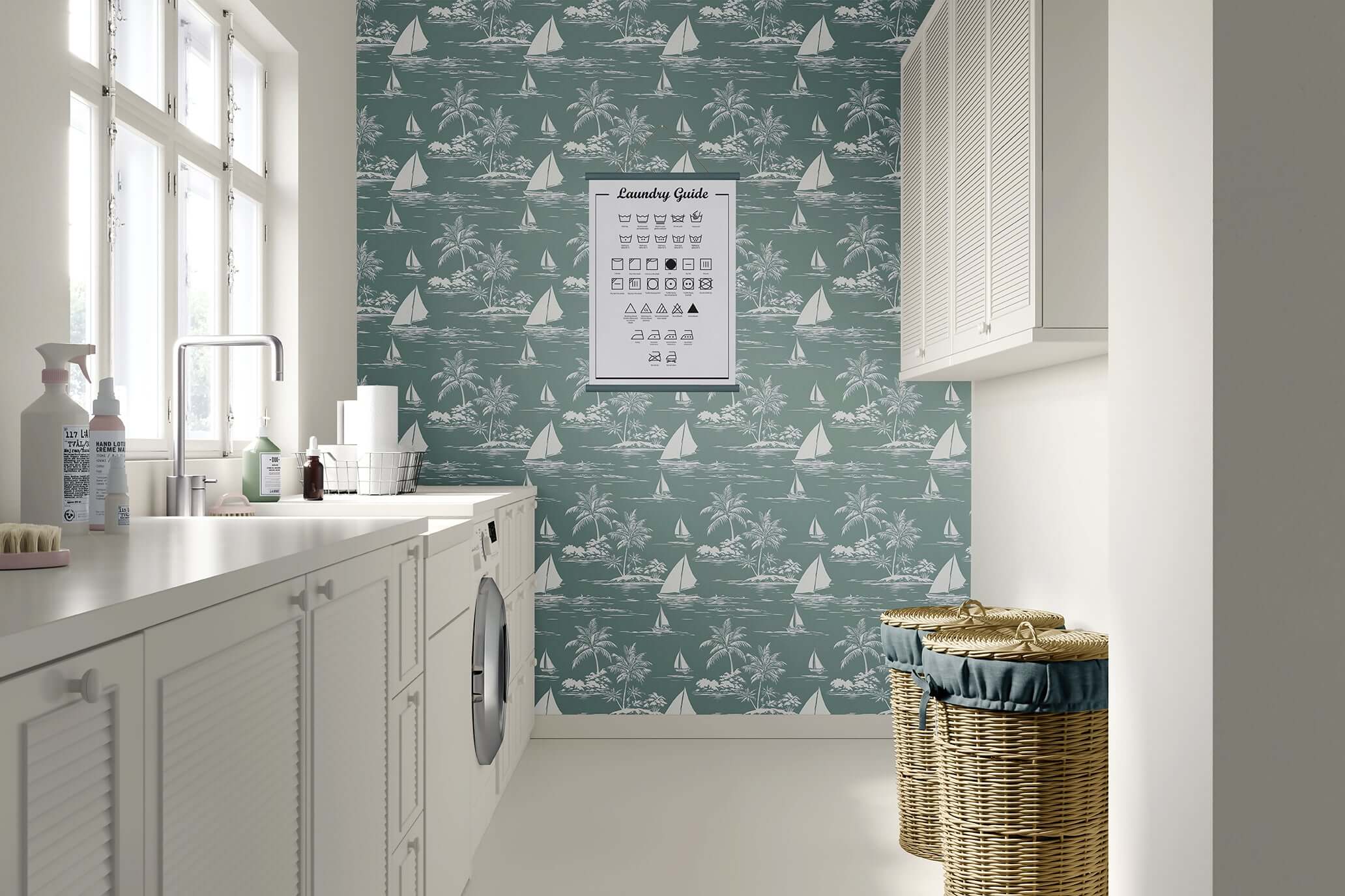 Bayside Escape coastal wallpaper featuring boats and palm trees in a serene bathroom setting. Nautical design with ocean theme.