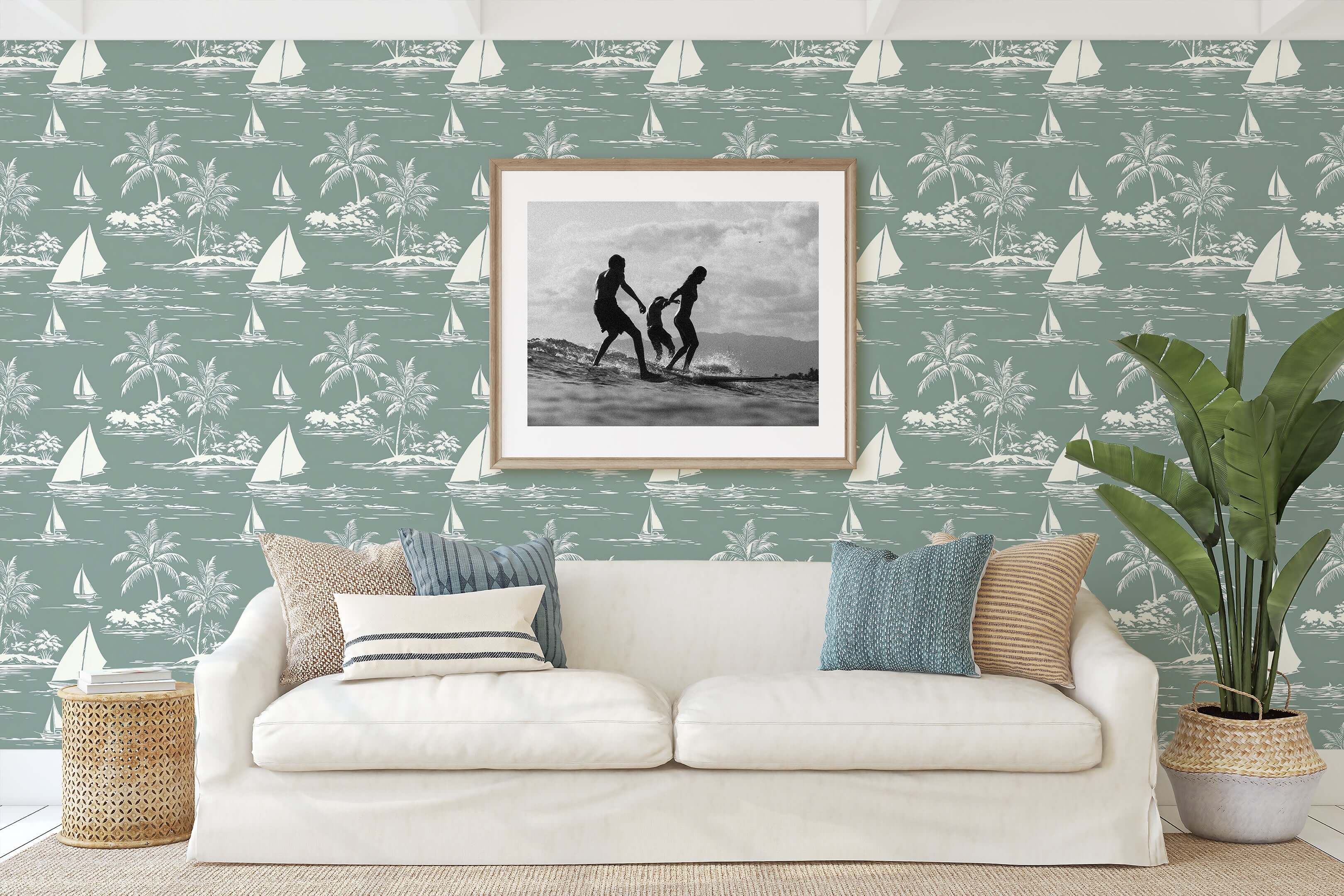 Coastal living room with "Bayside Escape" wallpaper; sailboats, palm trees, and ocean theme create a tranquil nautical atmosphere.