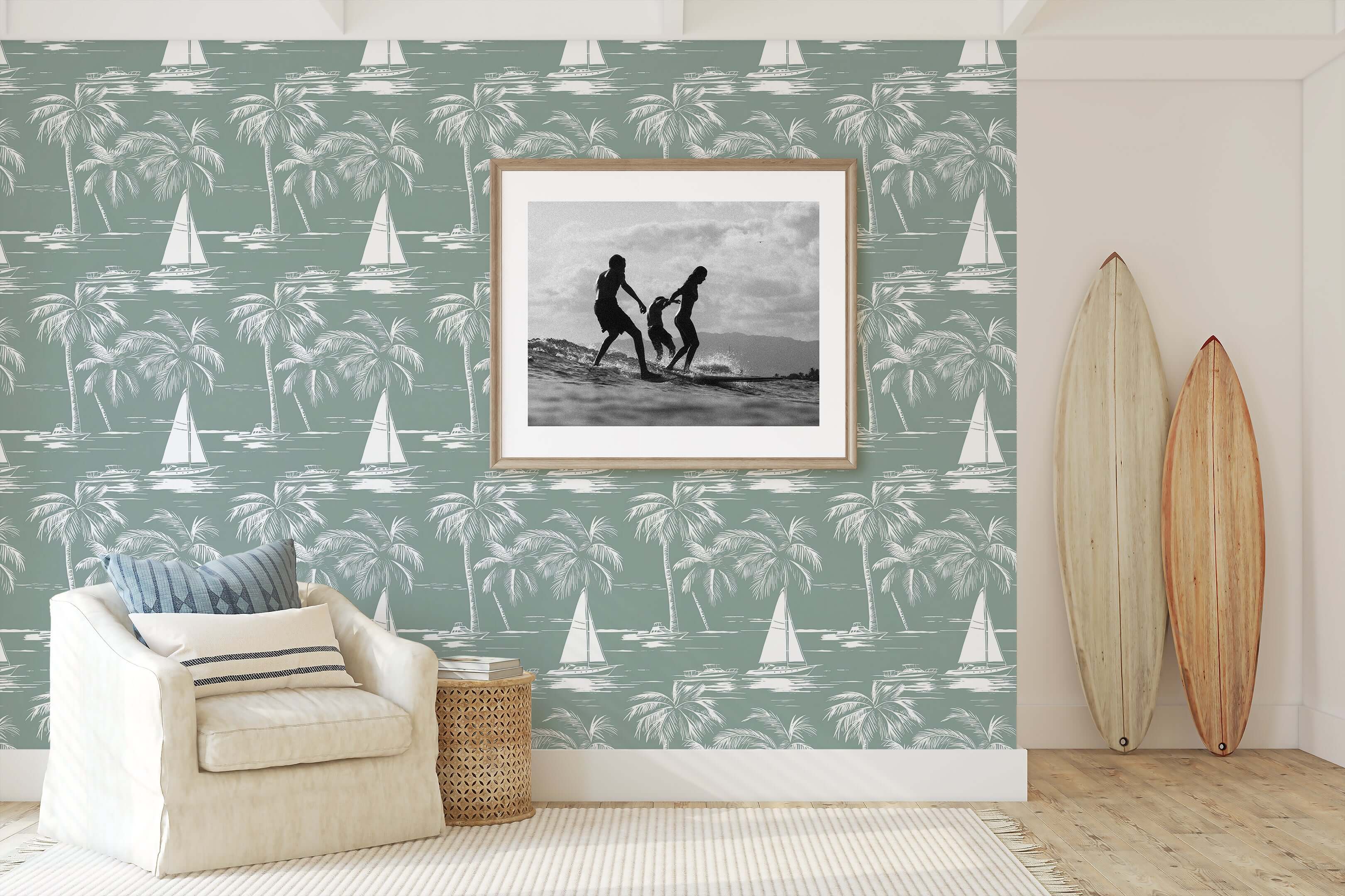 Harbor Escape wallpaper featuring boats, palm trees, and ocean theme adds a coastal vibe to the room.