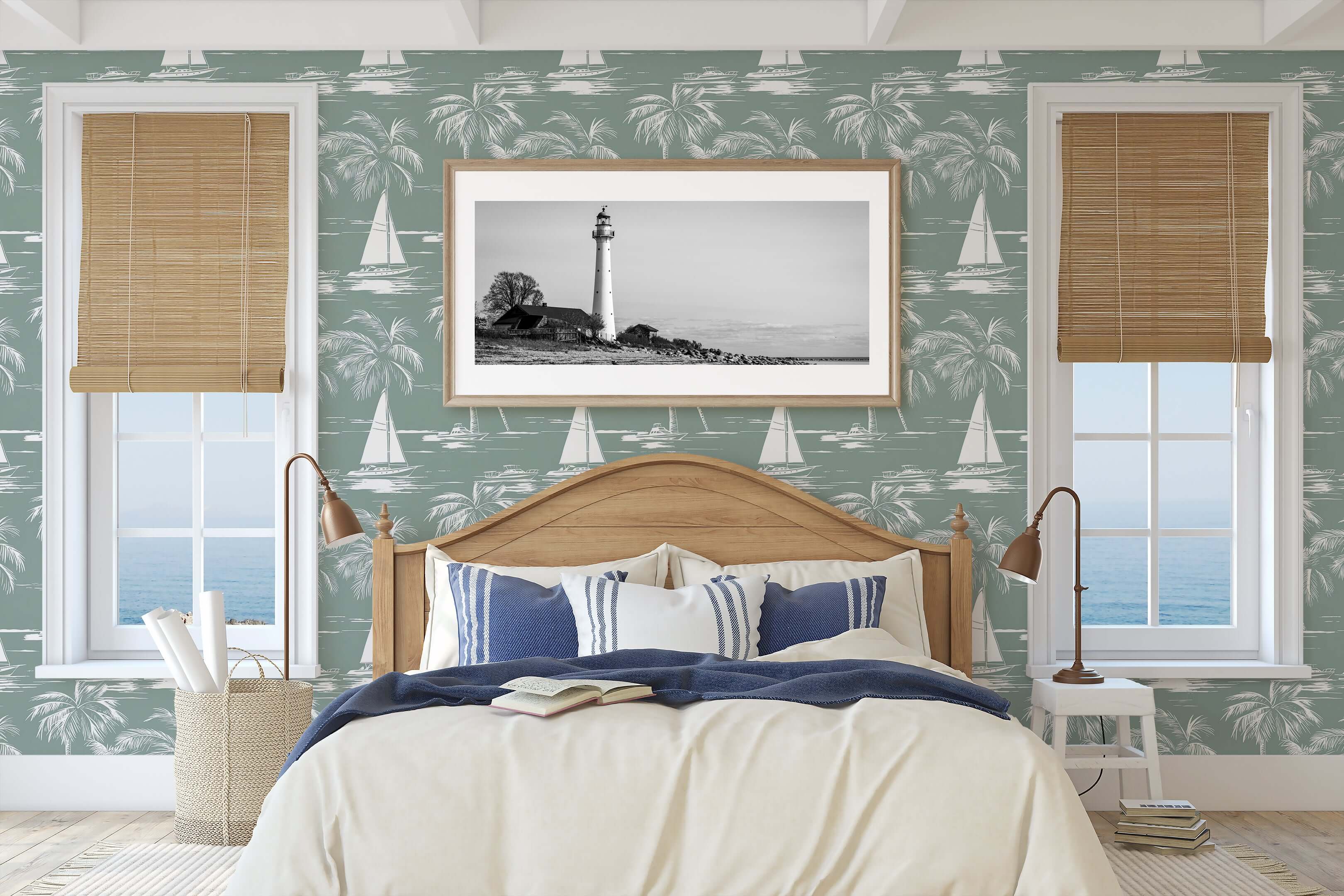 Harbor Escape Wallpaper with boats and palm trees decorates a coastal-themed bedroom, featuring ocean view windows and lighthouse artwork.