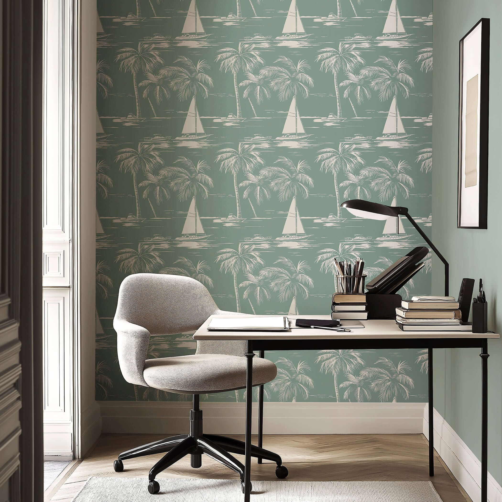 Seafoam green wallpaper with sailboats and palm trees, enhancing a nautical-themed room; ideal for coastal decor and boating enthusiasts.